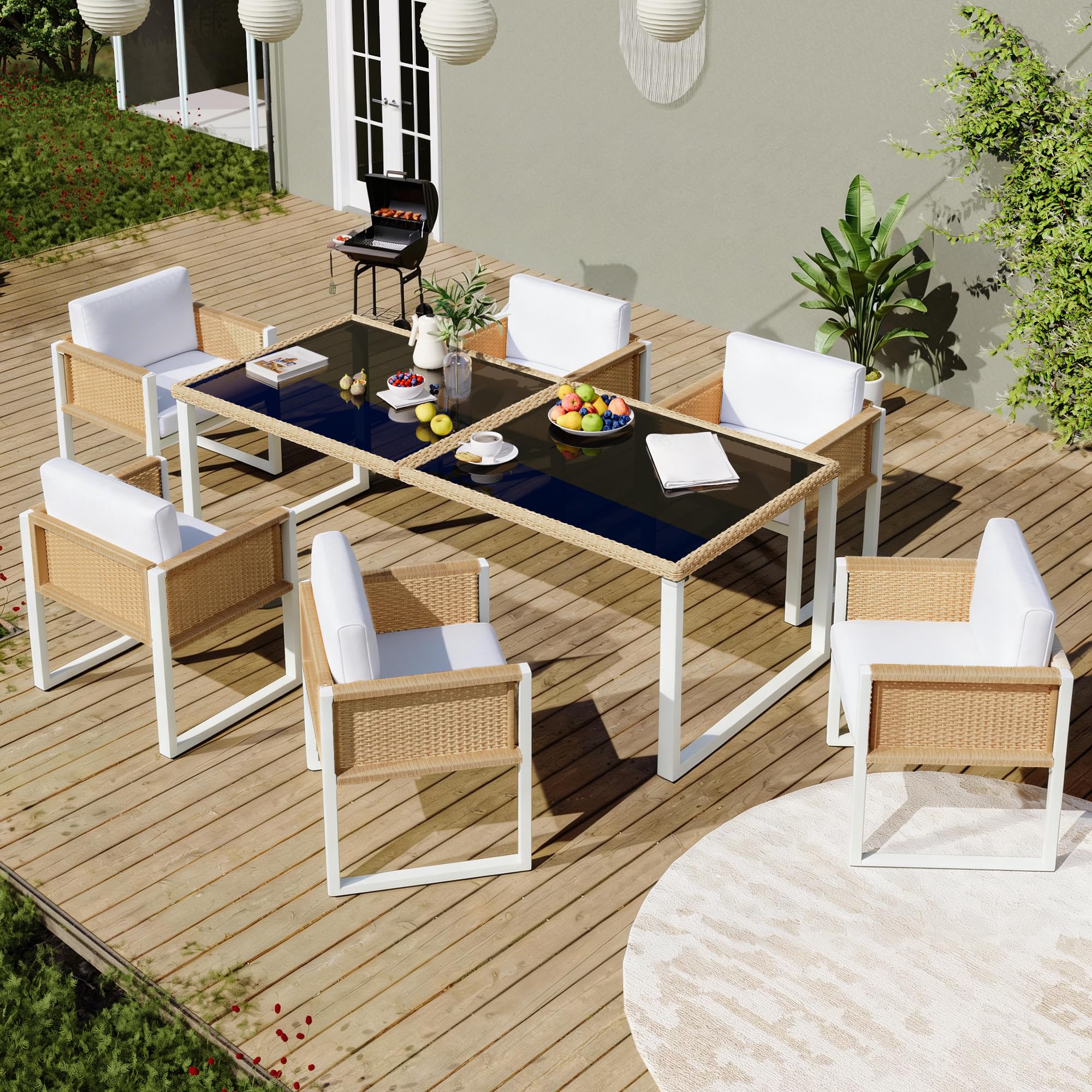 Polyrattan Gartenmöbel Set, Essgruppe für 6 Personen mit Tisch & Sesseln, abnehmbare und waschbare Bezüge, wetterfestes Outdoor-Möbelset, Braun+Weiß