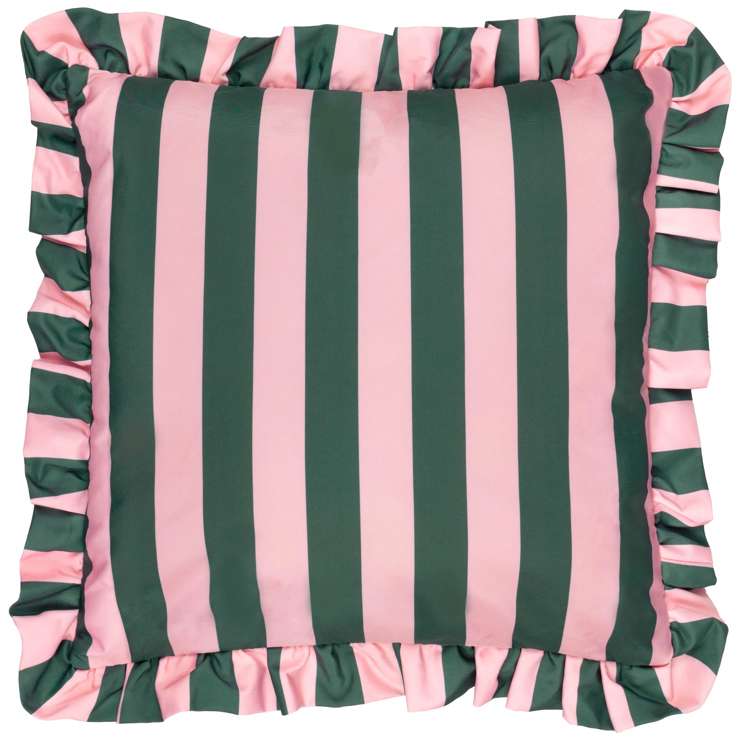 furn. Palm Royale Stripe Polyester Filled Cushion – Water Resistant Bold Striped Ruffle Trim Outdoor Decorative Pillow (Pink/Green – 50x50cm)