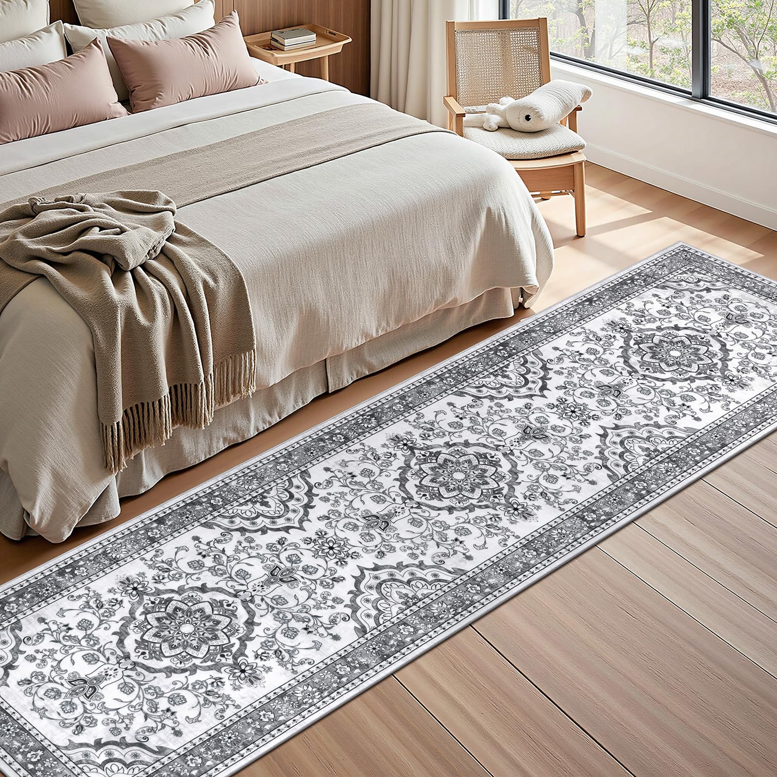Enyhom Teppich Läufer Flur 80 x 300cm Hochwertig rutschfest Läufer Küche Traditioneller Langer Teppichläufer Waschbar Retro Weich Schlafzimmer Läufer für Büro Korridor, Grau