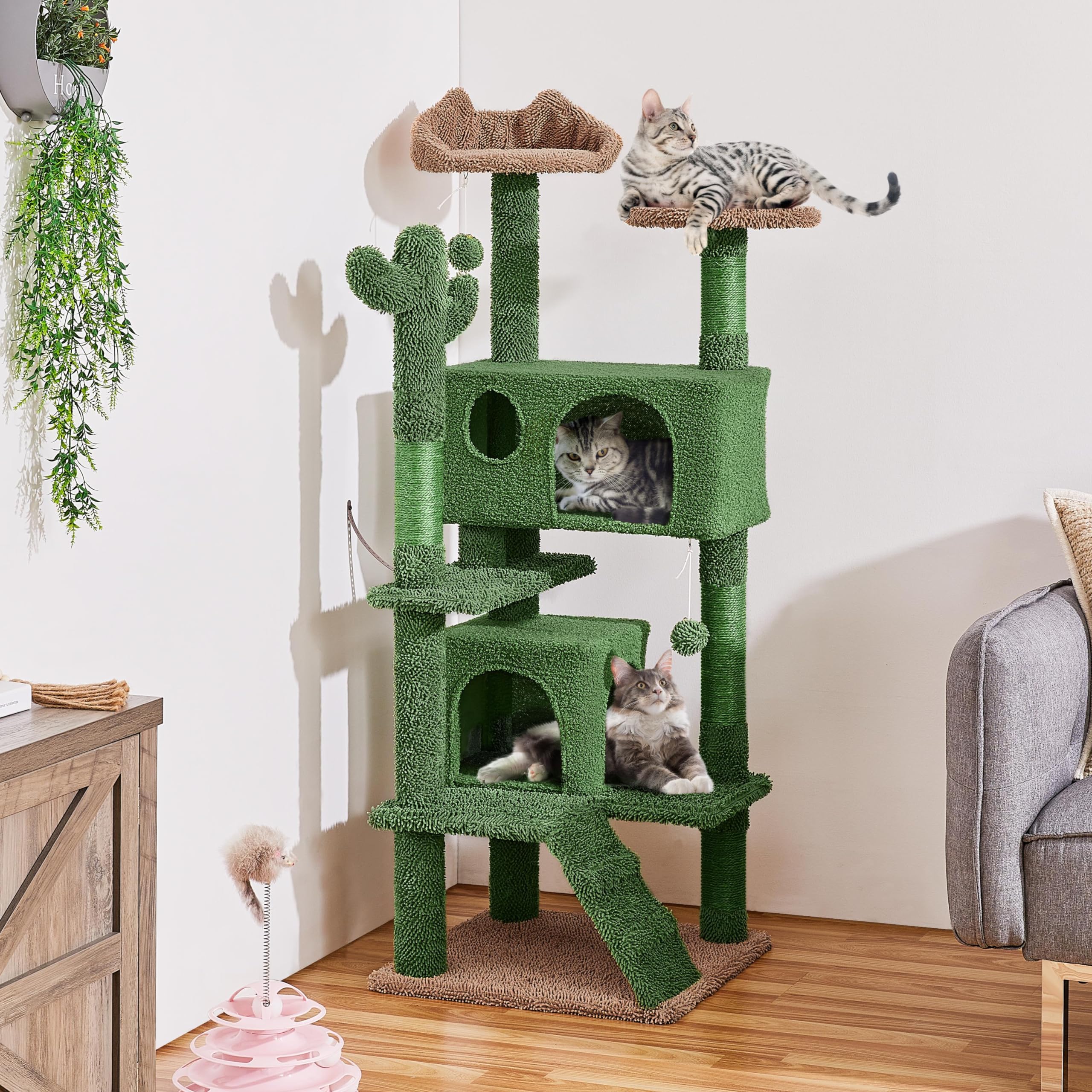 Yaheetech 138 cm Kratzbaum Kaktus Katzenbaum mit Katzenleiter & 2 Höhlen | Kaktusform | Mopp- & Teddy-Plüsch | FSC-zertifizierte Spanplatten | mit Kippsicherung | mit 4 Kratzsäulen & 2 Plattformen