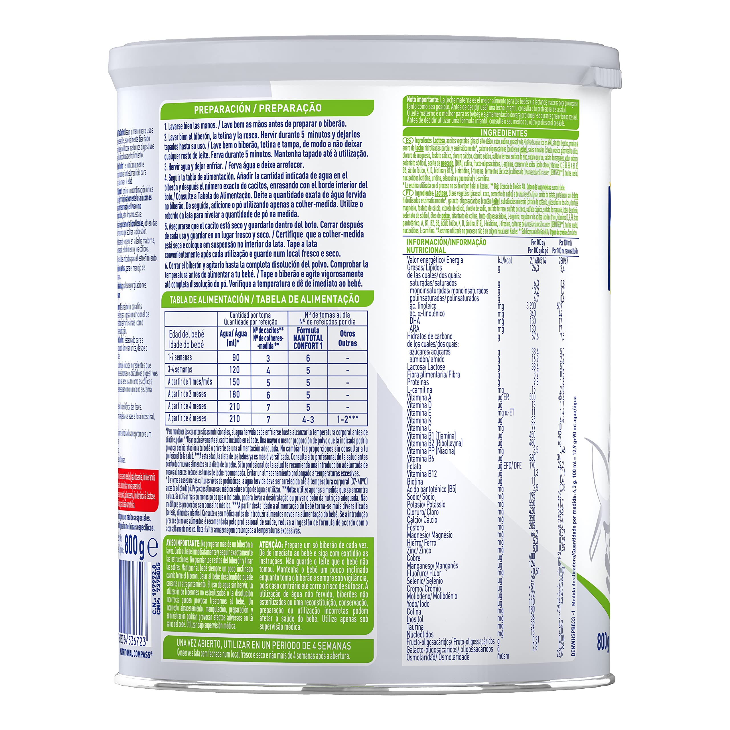 Nestlé NAN TOTAL CONFORT 1 - Leche especial para bebés con trastornos digestivos leves tales como cólicos o estreñimientos - bote de 800g (Paquete de 2)