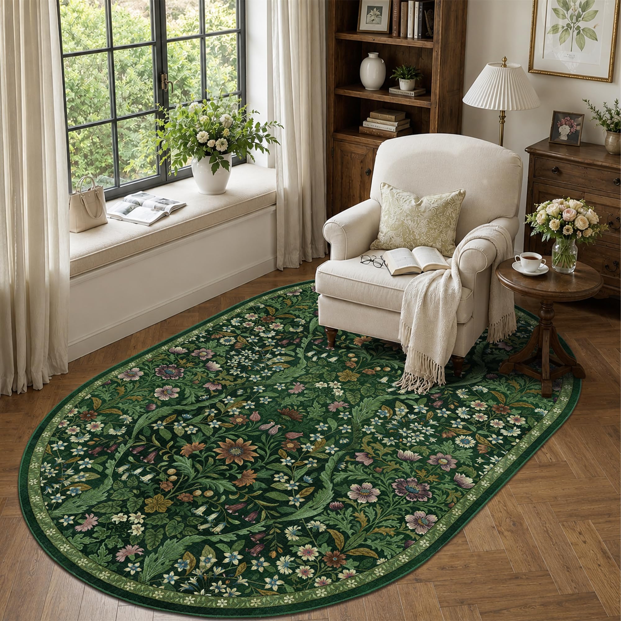 4x6 Oval Washable Rug Green Floral Rug Non-Slip Indoor Carpet