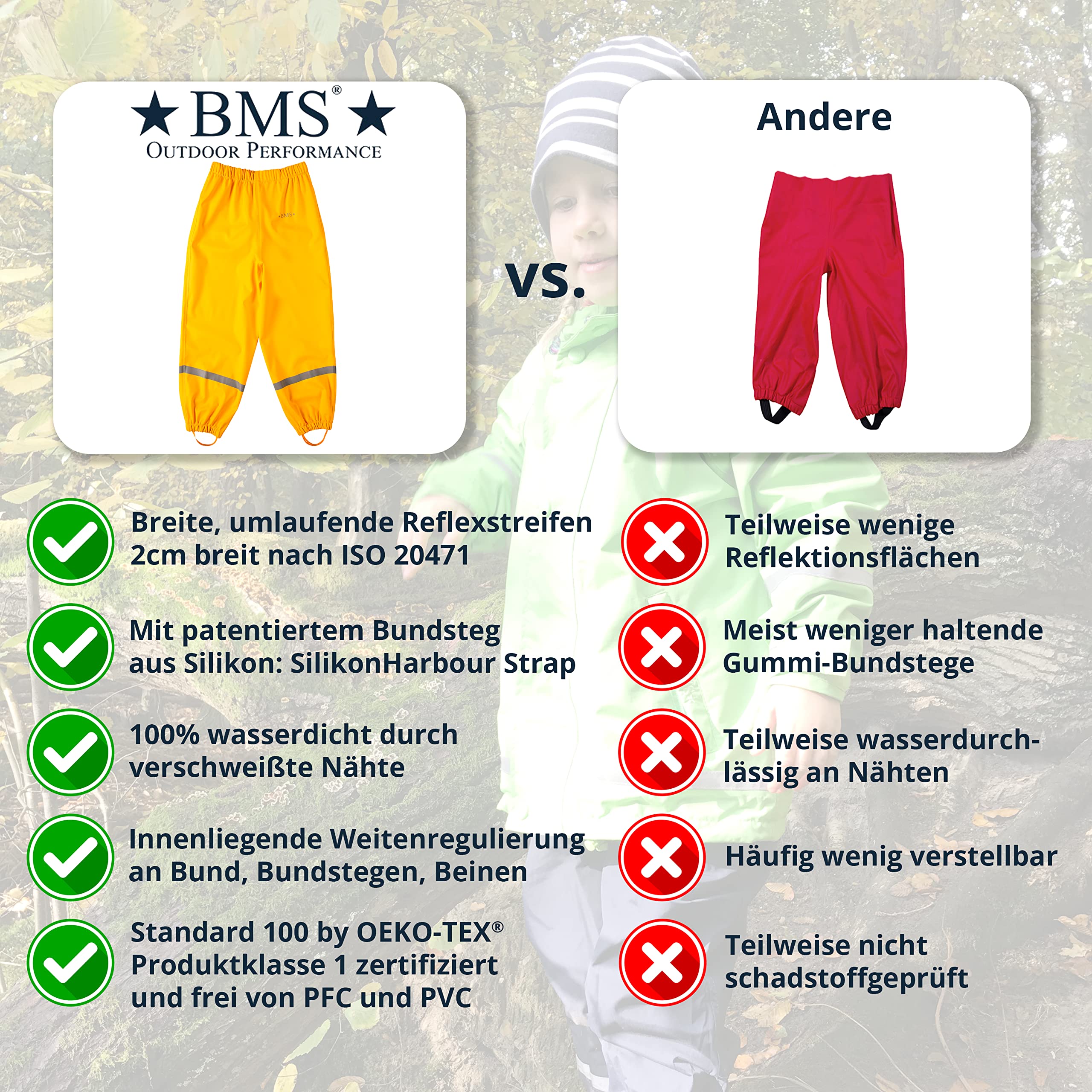 BMS® Regenhose für Kinder ohne Latz, 100% wasserdicht, Softskin, Oeko-Tex, strapazierfähig