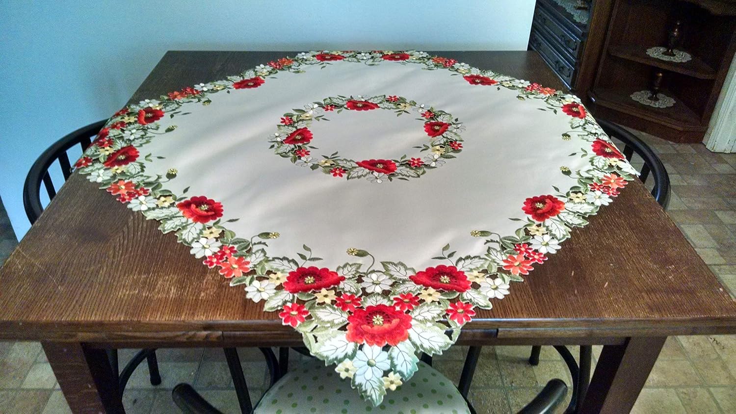 Tablecloth or Table Topper Square Embroidered with Red Poppy Flowers on Ivory Material, Size 34 inches