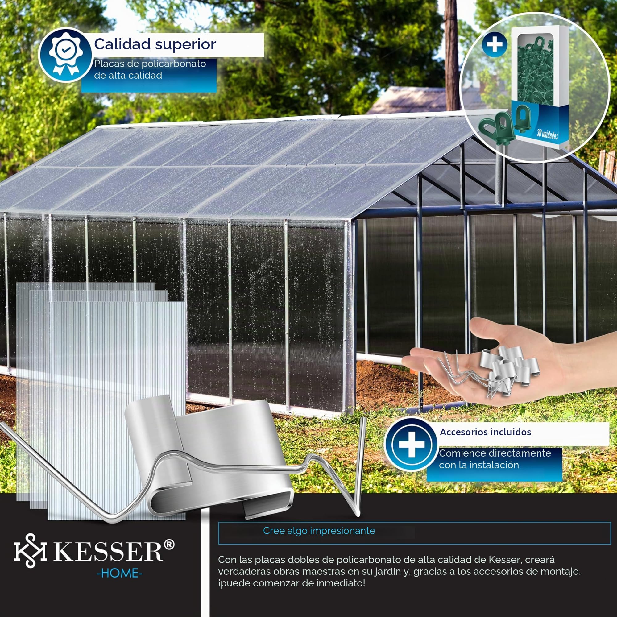 KESSER® 14x Placas de Policarbonato Alveolar de 4mm 10,25m² Placa de Doble Pared 121x60,5cm | 50x Abrazaderas + 50x Clips en Z-Placa de Policarbonato para Invernadero UV-Resistente Transparente