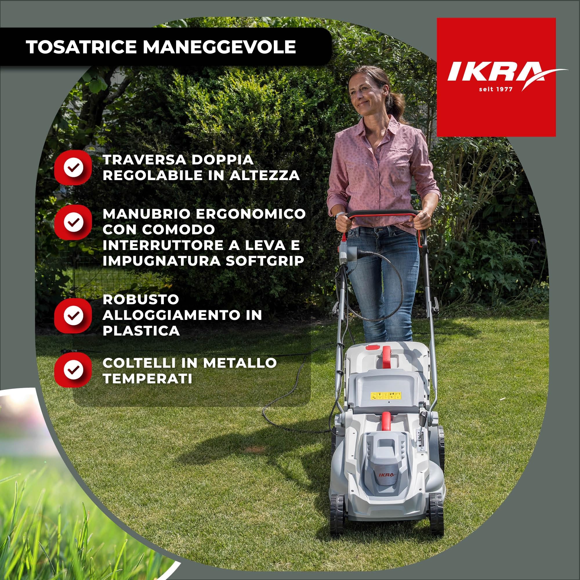 IKRA tosaerba elettrico IERM 1638-1, 1600 W, larghezza di taglio 38 cm | Altezza di taglio su 5 posizioni (30-75mm), manico regolabile in altezza, sacco 42l, kit mulching, lama in metallo temprato