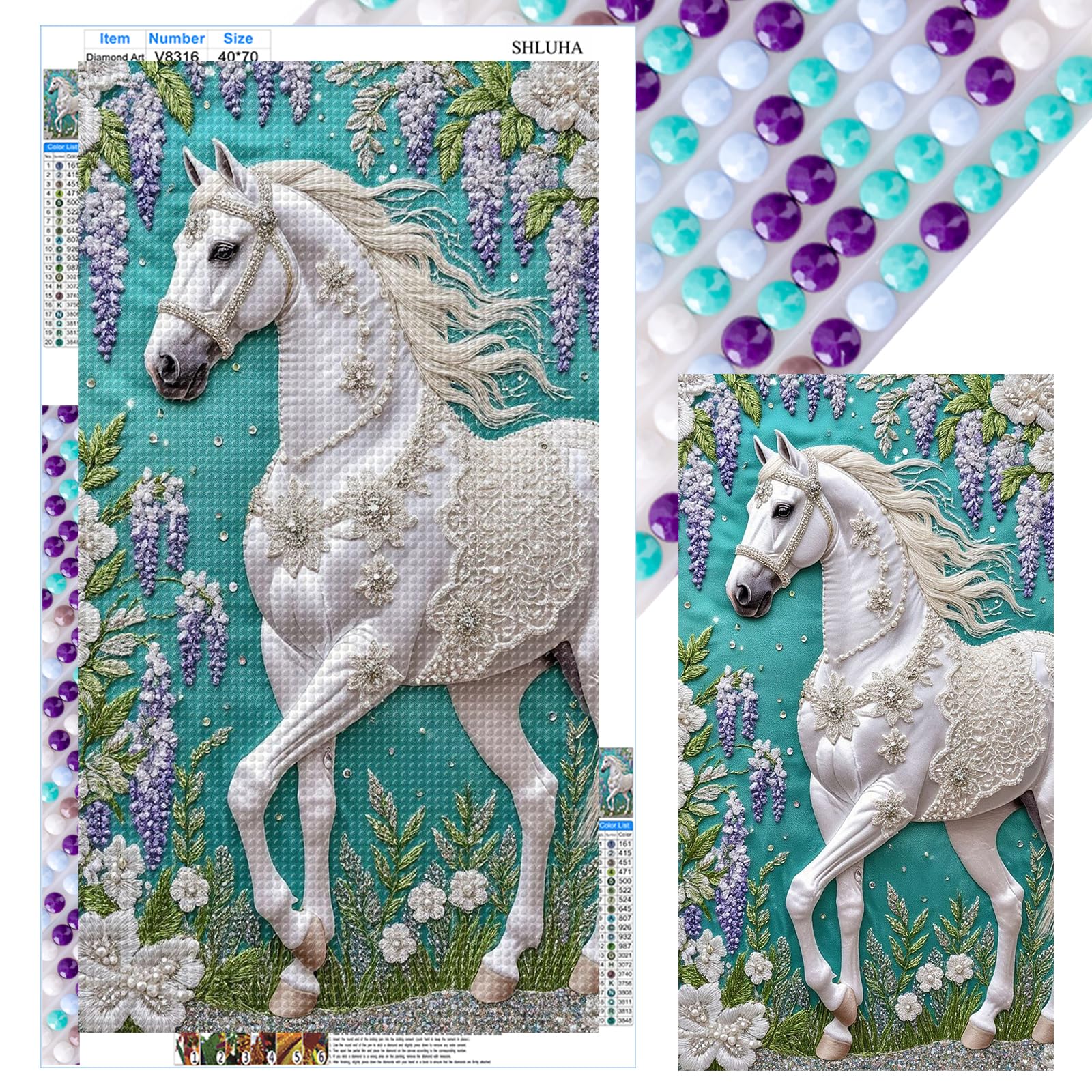 POETRYDRAW White Horse Full DIY 5D Round Drill Gem Art Diamond Art Painting Kits for Adults/Beginners Gift Idea Home Wall Decor Diamond Art Kits 15.75x27.56in (V8316)