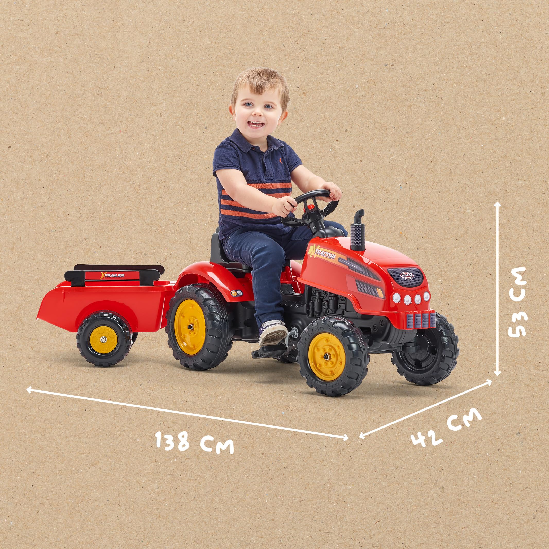 FALK - Traktor X Tractor - Czerwony - z otwieraną maską i przyczepą - Wyprodukowano we Francji - Od 2 lat - 2046AB