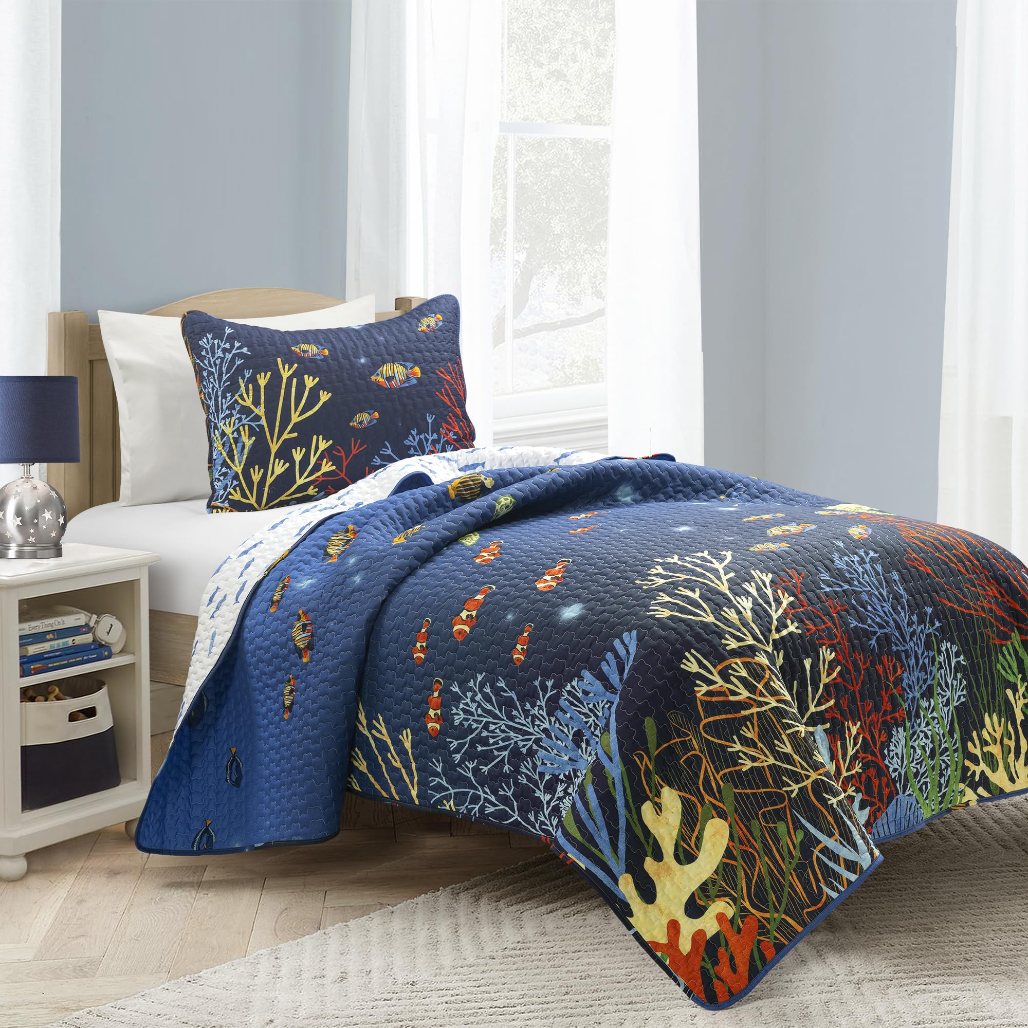 Lush Decor Under The Sea Reversible Quilt Set, 2 Piece Set, Twin, Navy & Multi - Colorful Kids Bedding Set - Coral Reef & Fish Quilt - Kids Bedroom Decor - Ocean Sea Life - Coastal Beach House Decor-image-39