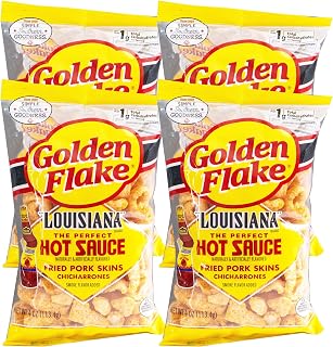 Golden Flake Utz Louisiana Hot Sauce - Chicharrones - Crispy Hot Fried Pork Skins - 4, 4oz Bags