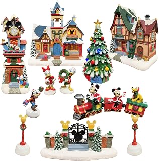 MOMENTS IN TIME Disney Christmas Village Collection 13 Pieces with LED Lights, Music & Timer Hand Painted Buildings and Cartoon Characters Battery Operated Holiday Decoration