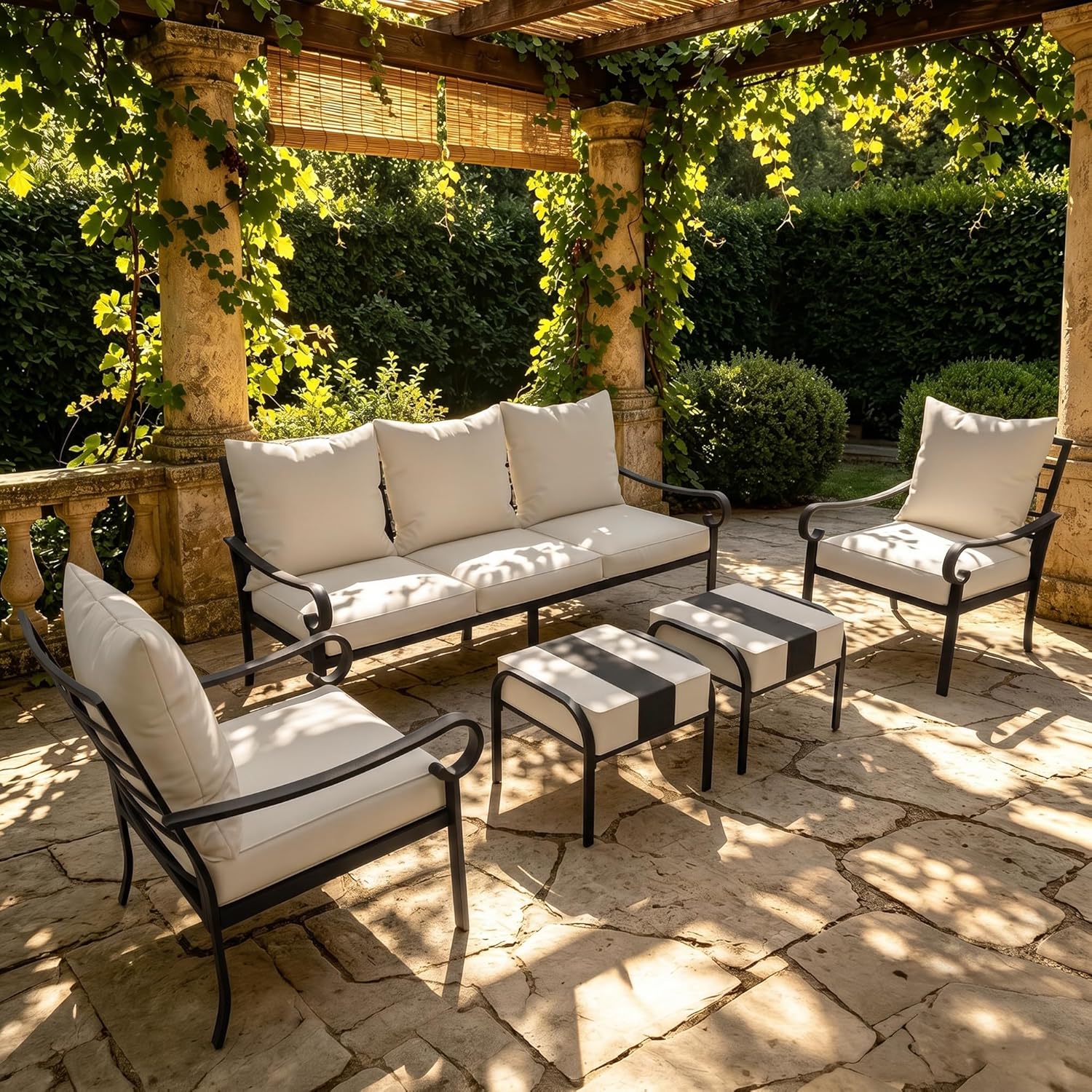 5 Piece Patio Furniture Set, Metal Patio Conversation Set with 1x3 Seater Sofa & 2xFixed Chairs & 2xOttomans, 5.75'' Extra Thick Cushion for Lawn Garden Backyard, Beige