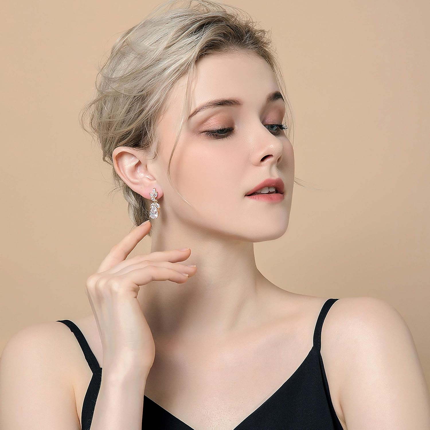 Women's Cubic Zirconia Bridal Earring - Elegant Gold Plated Teardrop Cluster Floral Leaf CZ Crystal Rhinestone Wedding Earring for Bride - Image 3