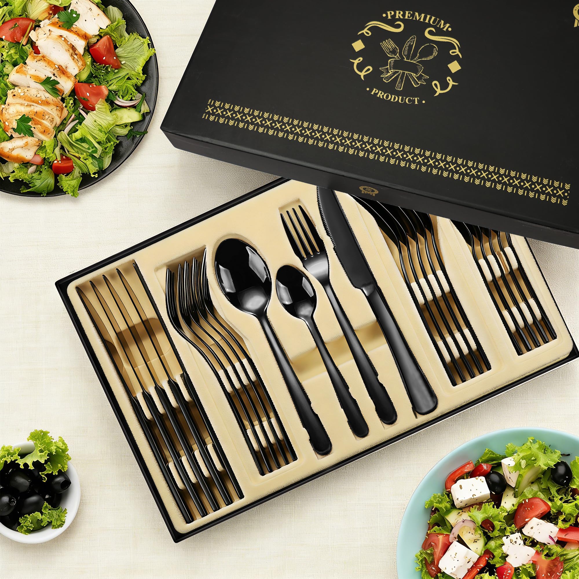 Juego de cubiertos negros, 24 piezas de acero inoxidable pulido espejo, juego de utensilios de cocina para 6 personas, vajilla para el hogar y el restaurante con caja de regalo