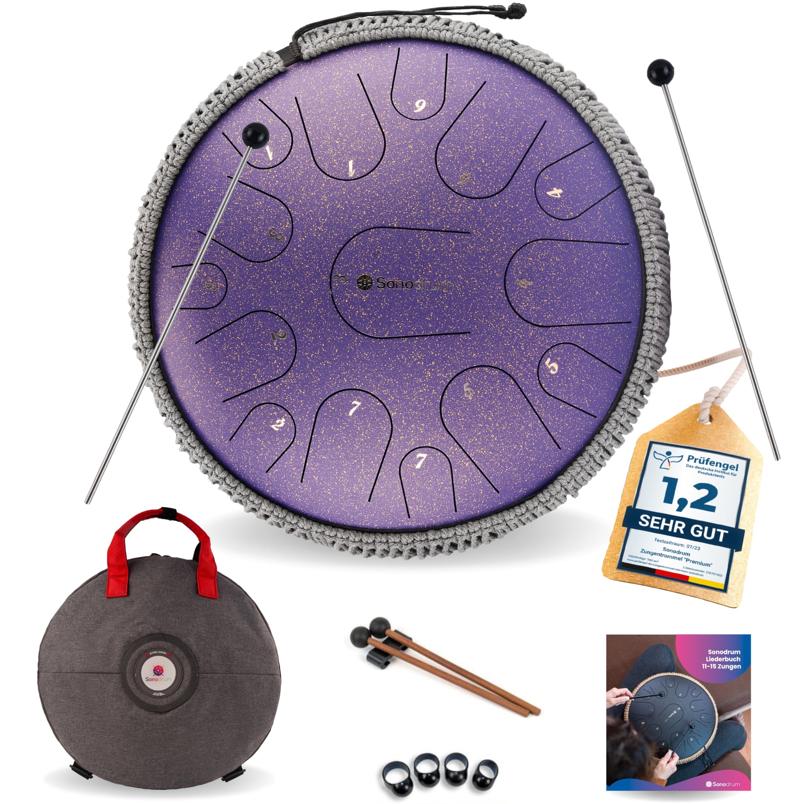 Steel Tongue Drum « Premium » do majeur en violet - 14 pouces avec 15 sons - Tambour à langue en acier avec livre de partitions, mailloches et sac. Savoir jouer des notes n'est pas nécessaire