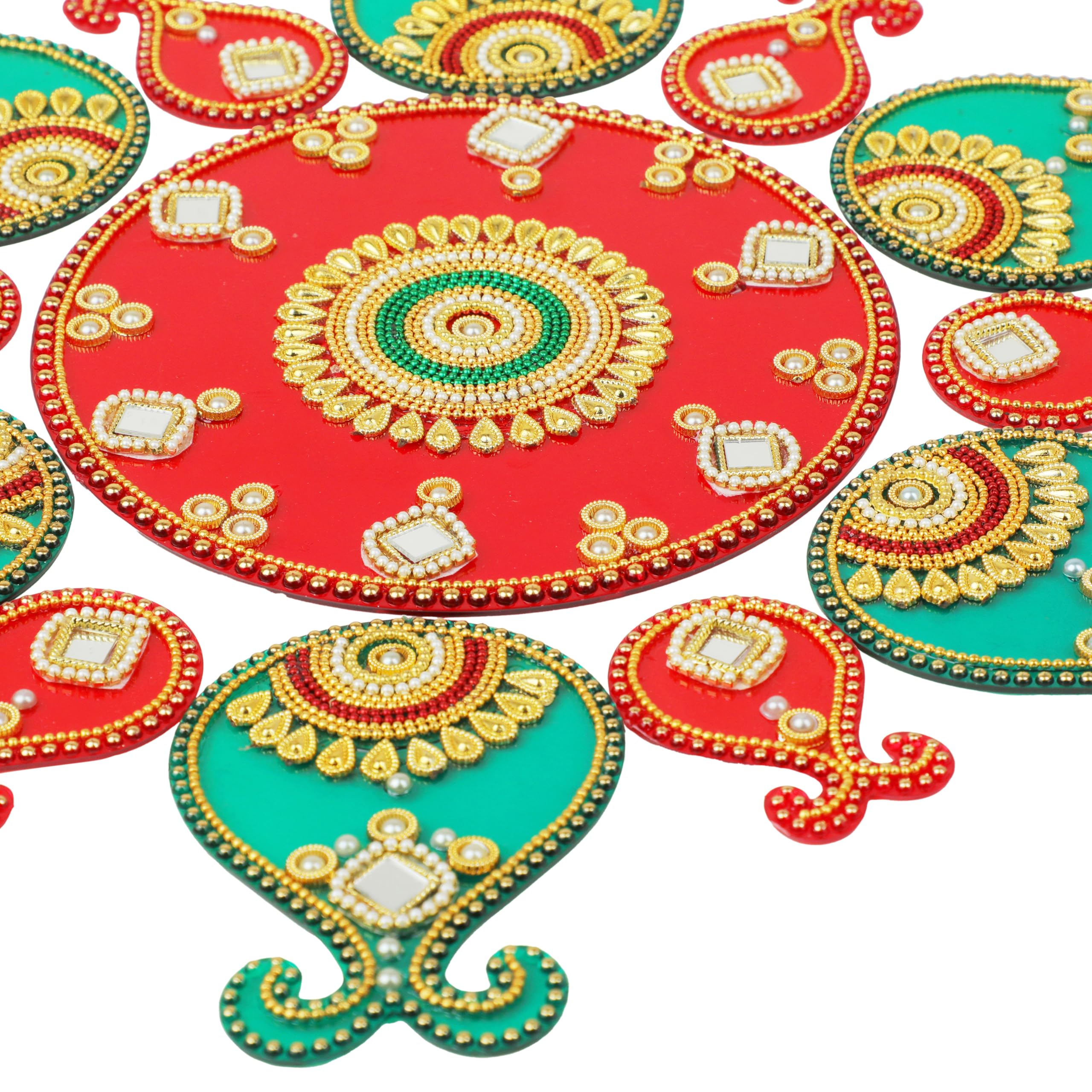 Reusable Acrylic Rangoli For Diwali Decor - Round Floor Sticker, Red & Green, Traditional Indian Festival Decoration (Size 14) - View #2
