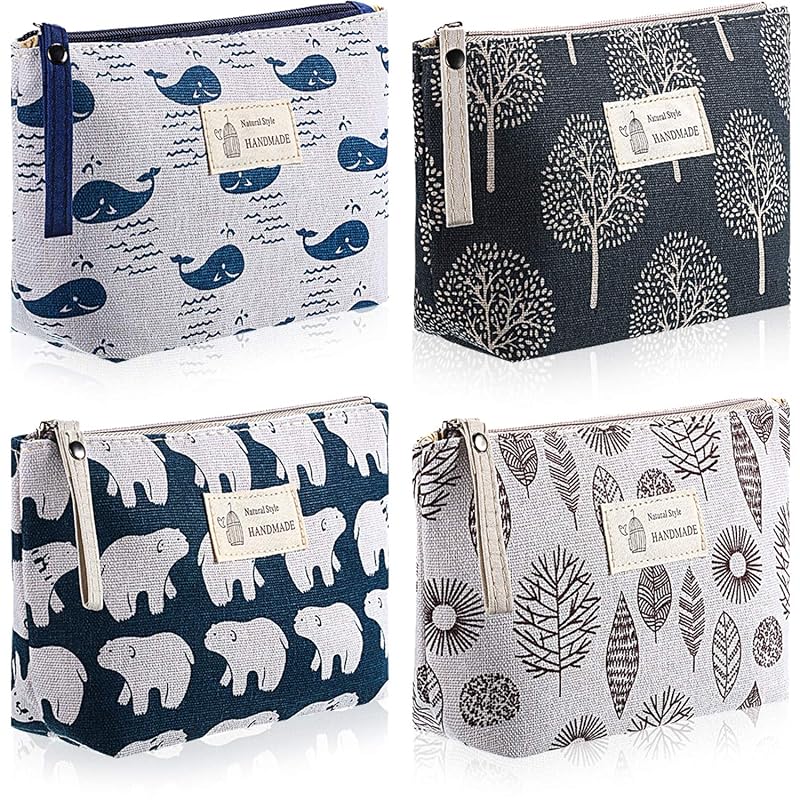 Necessaires de lona com zíper Boao, estampas variadas, Pacote com 4