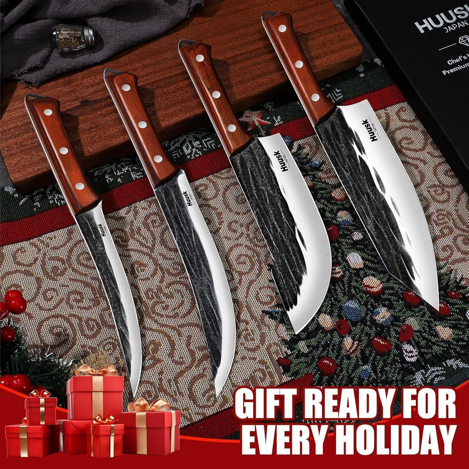 Huusk Butcher Knife Set, 4 PCS Hand Forged BBQ Knife Set for Meat Cutting, Sharp Meat Carving Breaking Knives with Ergonomic Handle, Christmas Gifts for Men Women - Image 2