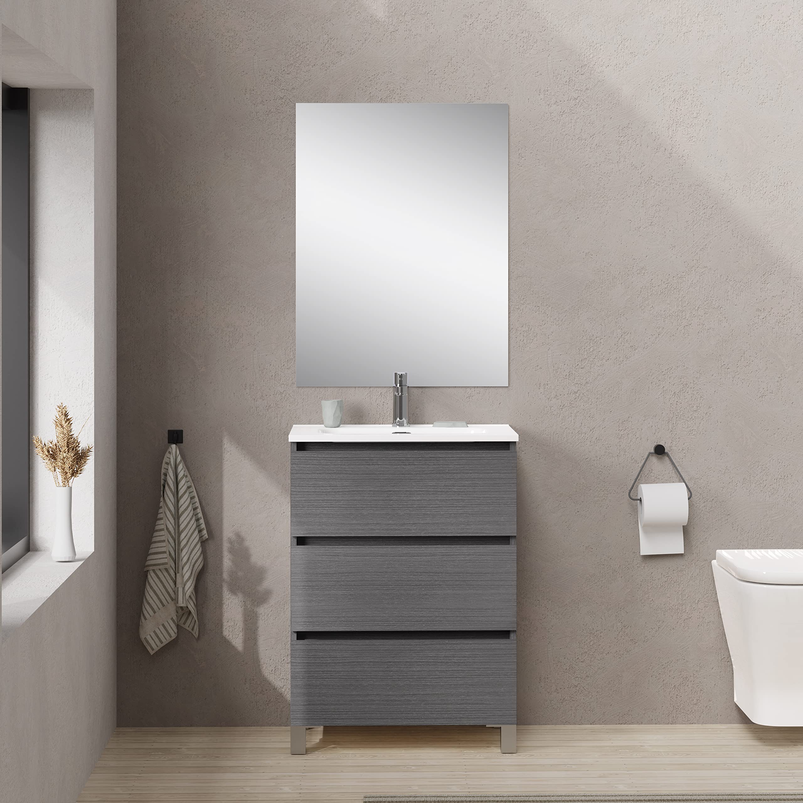 Baikal Conjunto de Mueble de Baño suspendido a la Pared con Fondo reducido, con Lavabo y Espejo, Tres cajones, Medidas de 50cm Ceniza