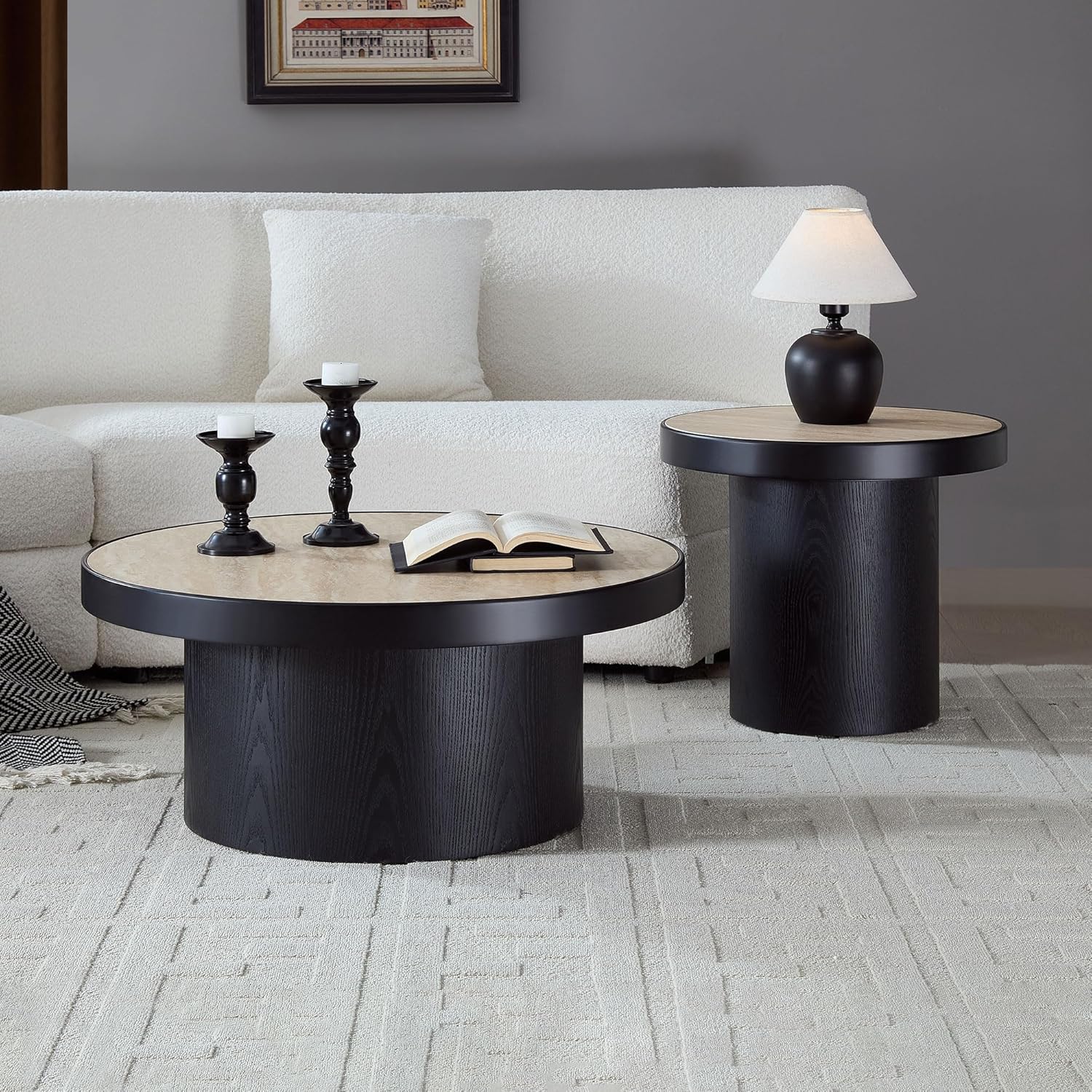 Coffee Table Set of 2 with Sintered Stone Top, Modern Round Center Table, Small Side Accent End Table for Living Room Apartment, Black Cylindrical Pedestal Leg Beige Faux Marble Mars 31.50"D+20.87"D