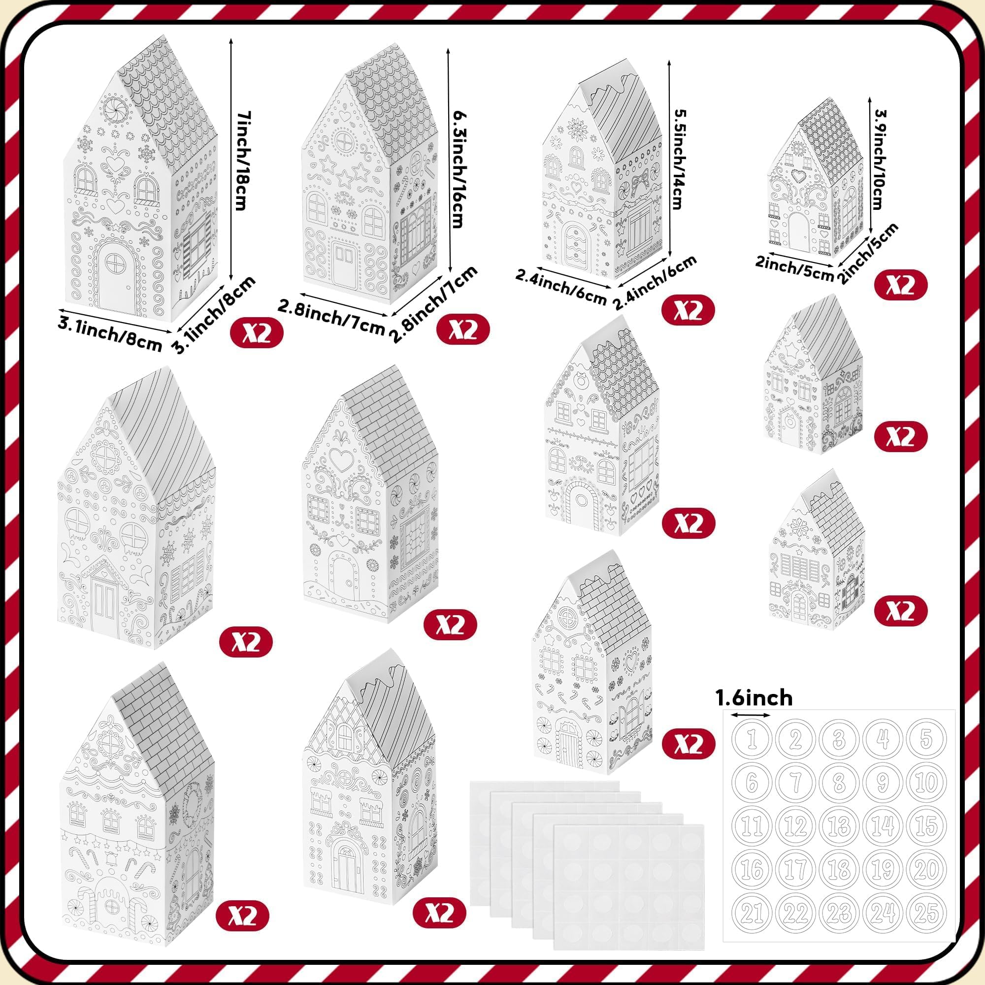 AsodSway Christmas Advent Calendar Boxes - 30P Christmas House Box DIY Craft Kit Candies Treats Xmas Empty Advent DIY Boxes to Fill 24 Days Christmas Advent Countdown Number Label Stickers Coated Paper House Gift Boxes