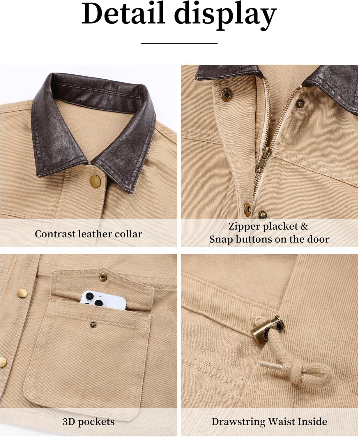 Barn Jackets for Women Contrast Collar Utility Jacket Zip Up Drawstring Waist Barn Coats 2025 with Pocket - Image 7