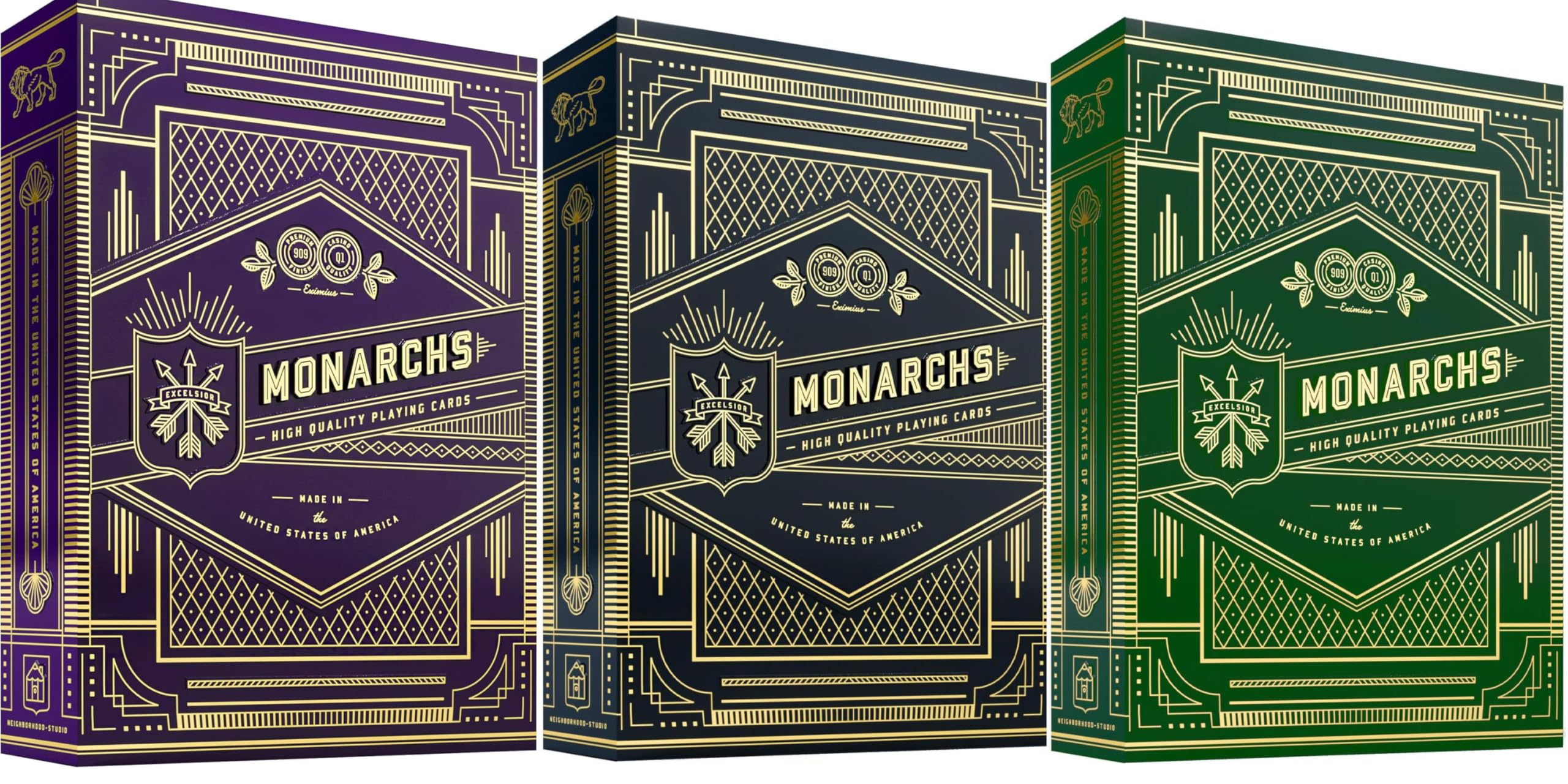 3 Decks of Monarchs Cards - Quality Playing Card Decks, Set of 3, Blue, Green, Purple by Theory1