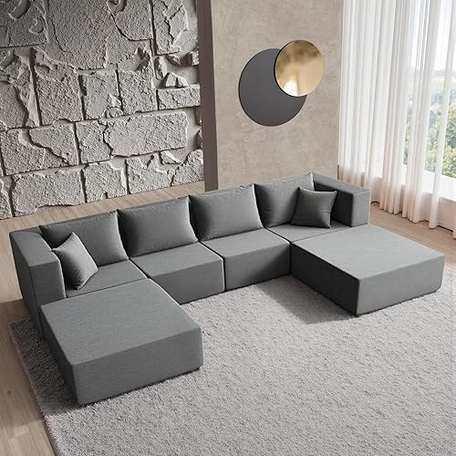 Miniatura 8 de YINIX Sofá cama modular de pana de 140 pulgadas, cómodo sofá de nube para sala de estar, sofá de piso de 6 piezas, combinación de compresión libre,