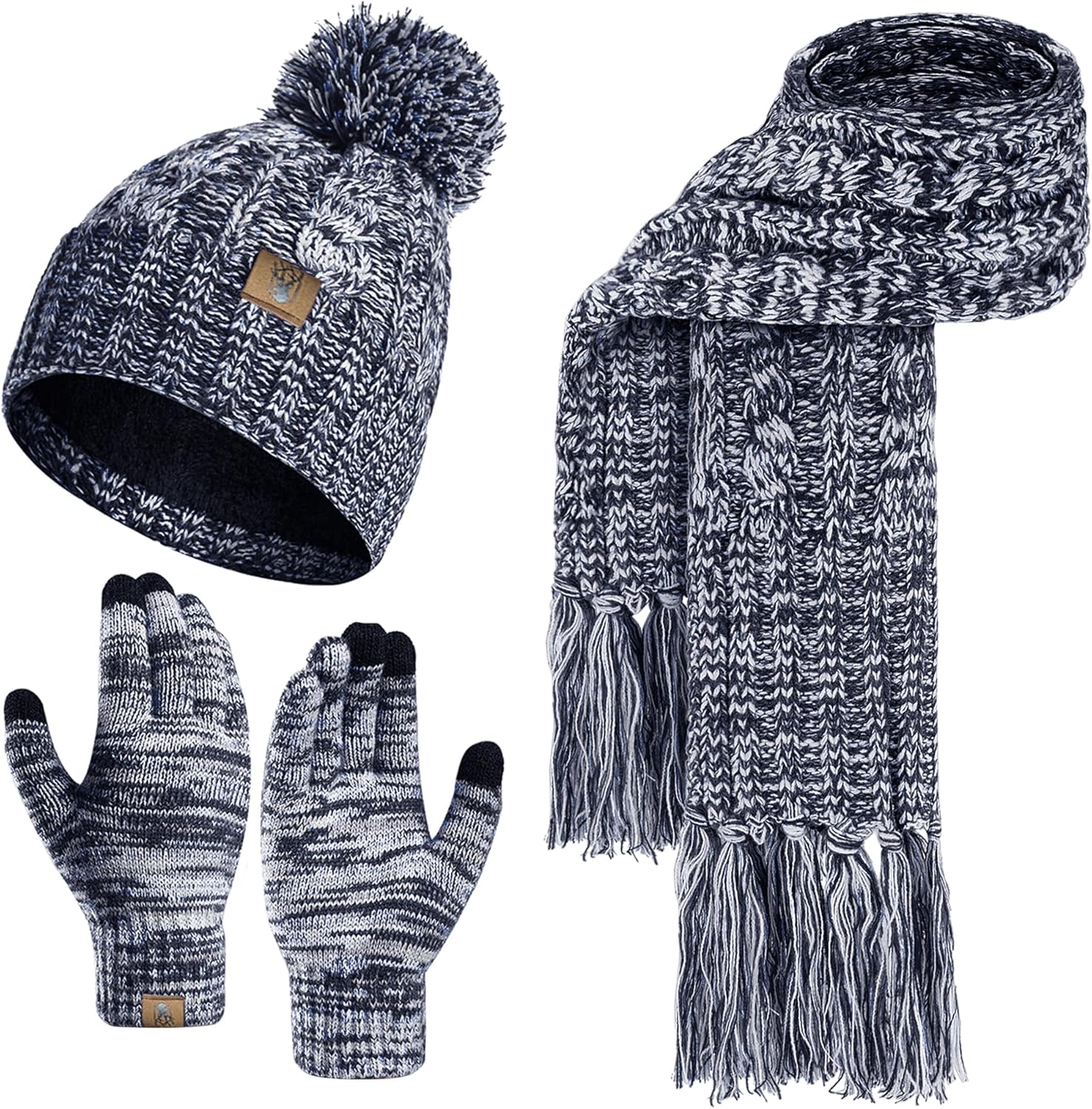 Womens Winter Warm Beanie Hat Touchscreen Gloves Lone Neck Scarf Set with Fleece Lined Pom Skull Cap Gift for Women 3PCS