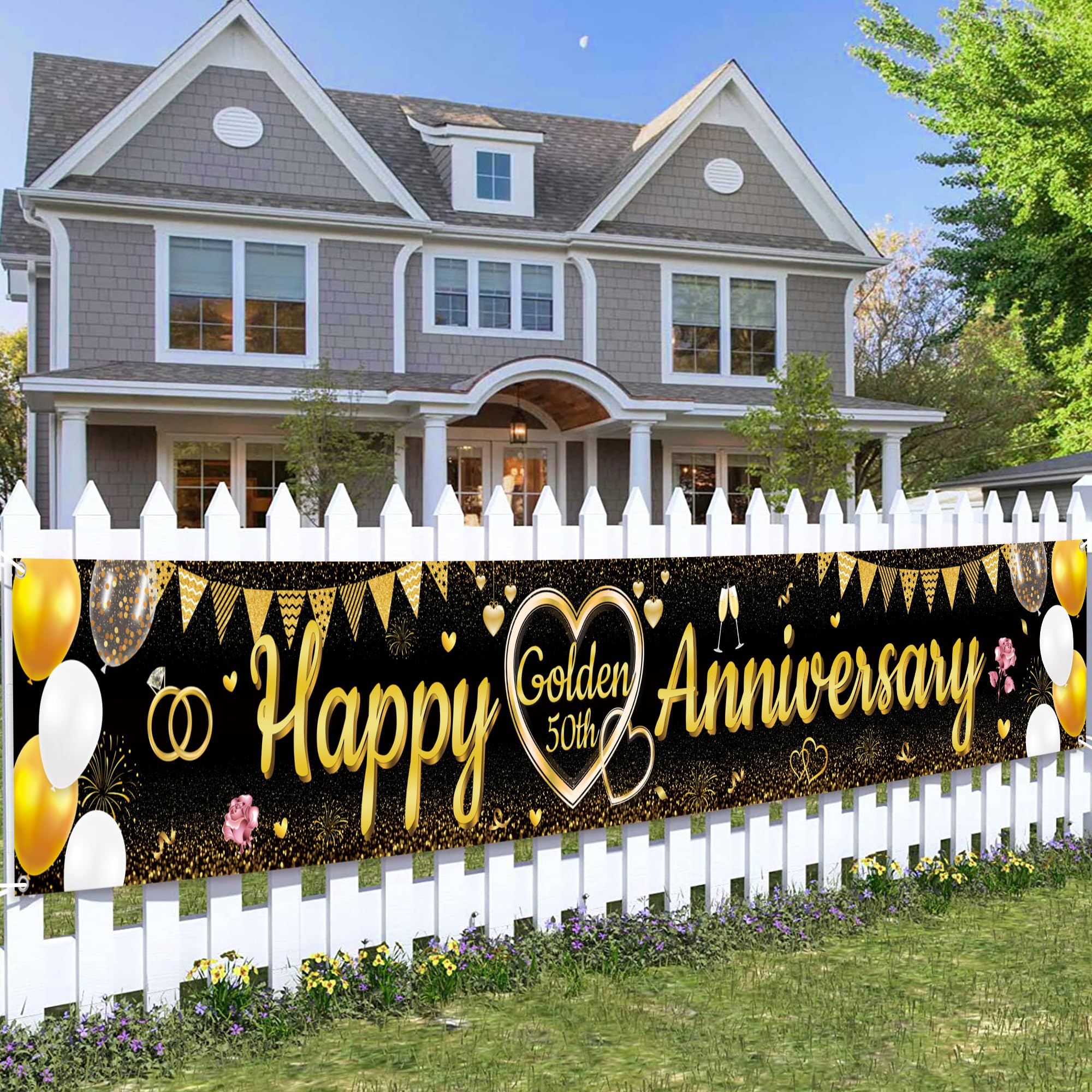 50th Wedding Anniversary Decorations Banner - Happy Golden 50th Anniversary Yard Banners, Glitter Backdrop Party Supplies for Couples(37x274cm/14.5x107.8in)