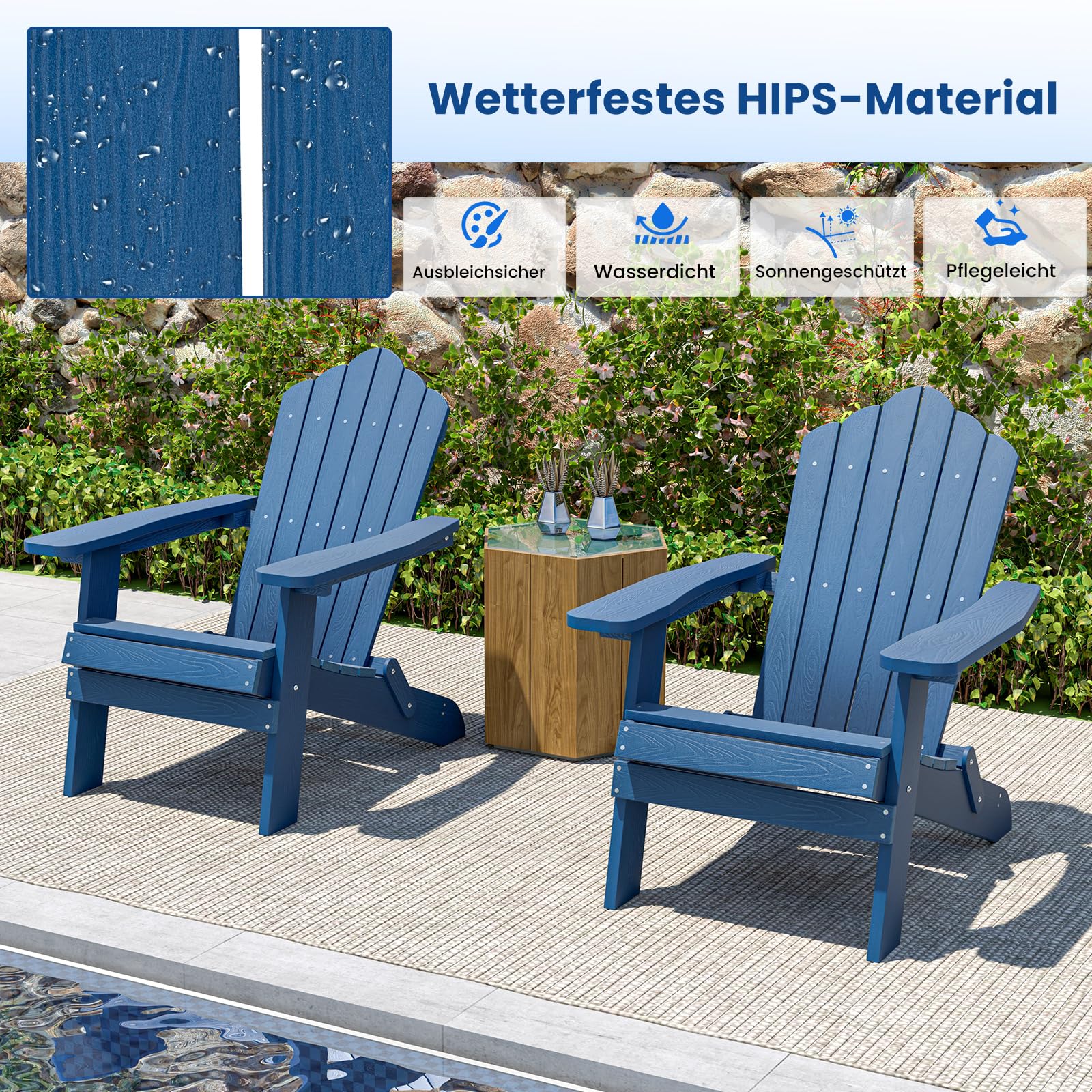 COSTWAY Adirondack Stuhl klappbar, wetterfester Adirondack Chair aus Kunststoff, Gartensessel mit hoher Rückenlehne & Breiten Armlehnen für Garten, Terrasse, 180 kg Tragfähigkeit (Marine)