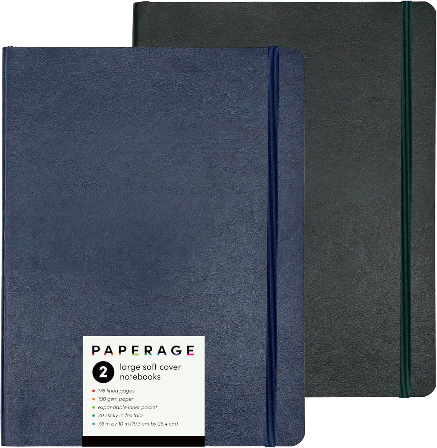 PAPERAGE 2-Pack Softcover Lined Journal Notebook (Navy & Dark Green), 176 Pages, Large B5 College Ruled Notebook, 7.6 inches x 10 inches - 100 GSM Thick Premium Paper, Leather Journal for Home, Work & School