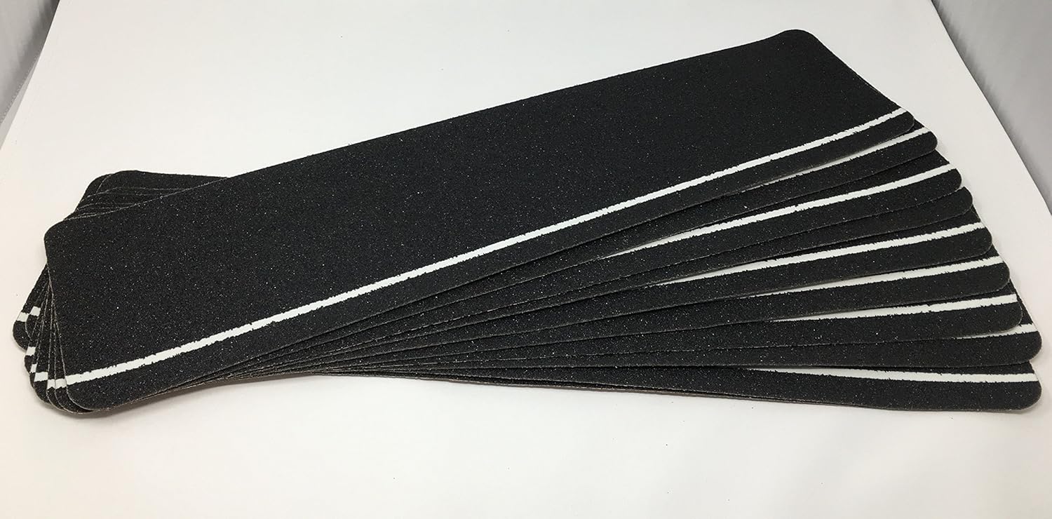 Safe Way Traction 6" X 24" Black Anti Slip Stair Tread Non Skid (60-Grit) Safety Tape with Glow in The Dark Stripe 10 Treads Per Pack