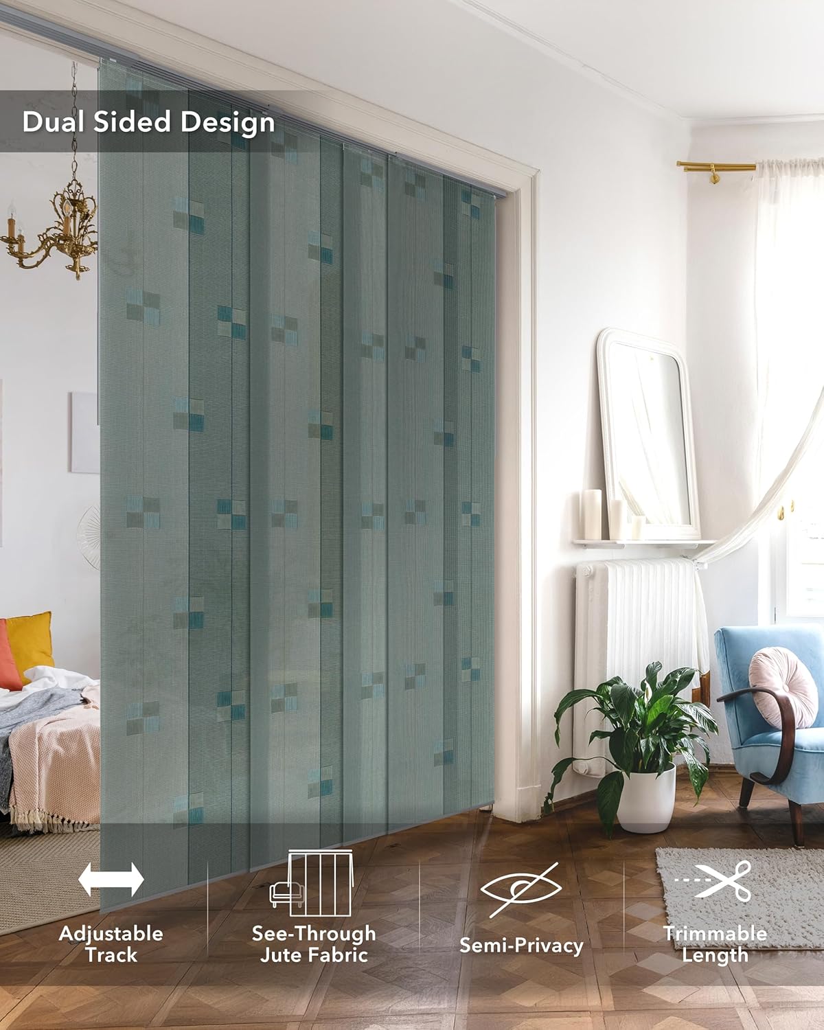 GoDear Design Adjustable Sliding Room Dividers 45.8-86 W x 96 H, Extendable Panel Track Blinds for Separating Rooms, Covering Closet Doors or Windows, Trimmable Woven Fabric Panel Curtains, Spring