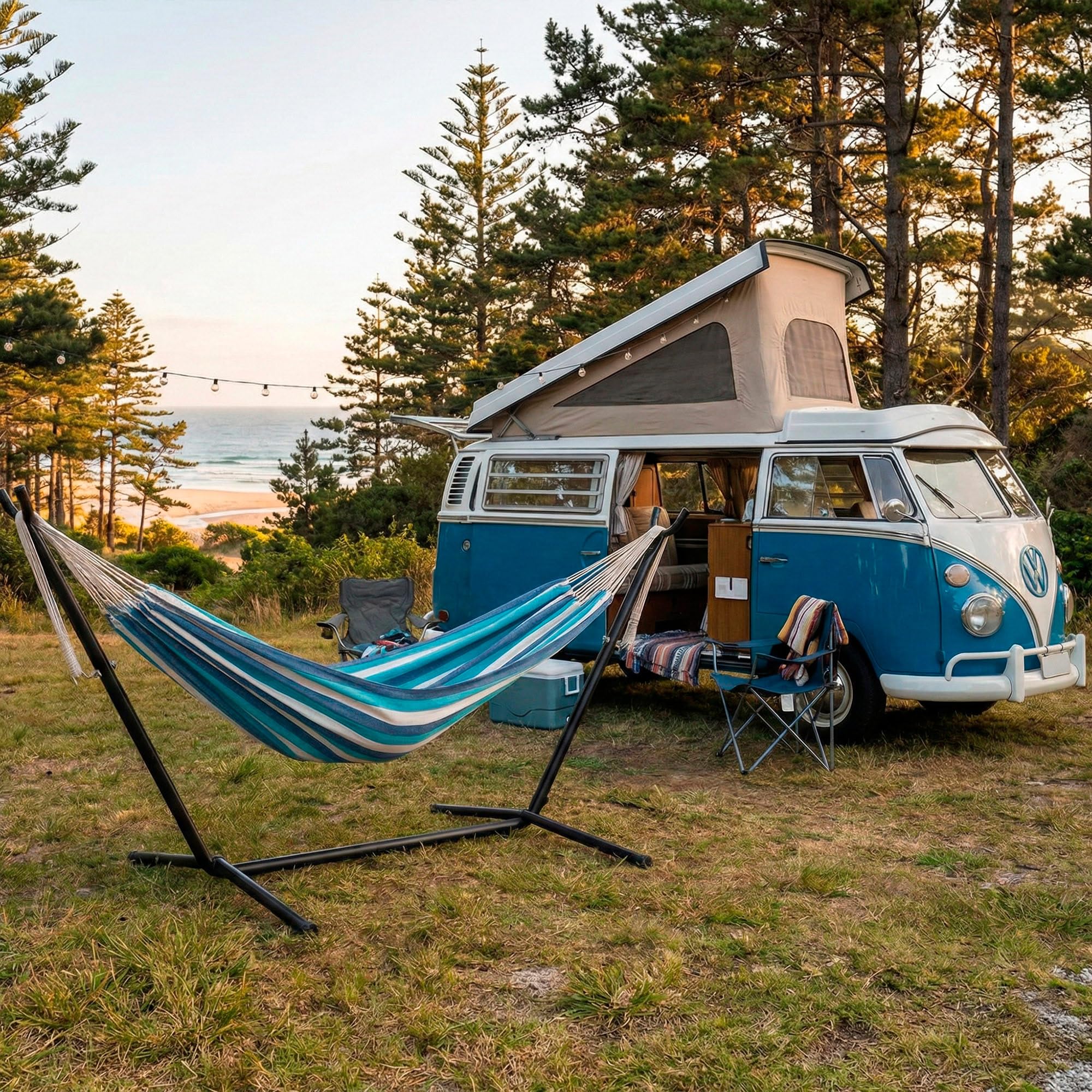 AKTIVE Vivac 63204 Hamac extérieur, 260 x 108 x 102 cm, pour 2 Personnes, Structure en Acier autoportant, Tissu à Rayures Polyester, supporte 250 kg, kit Camping, chaises Longues de Jardin extérieur