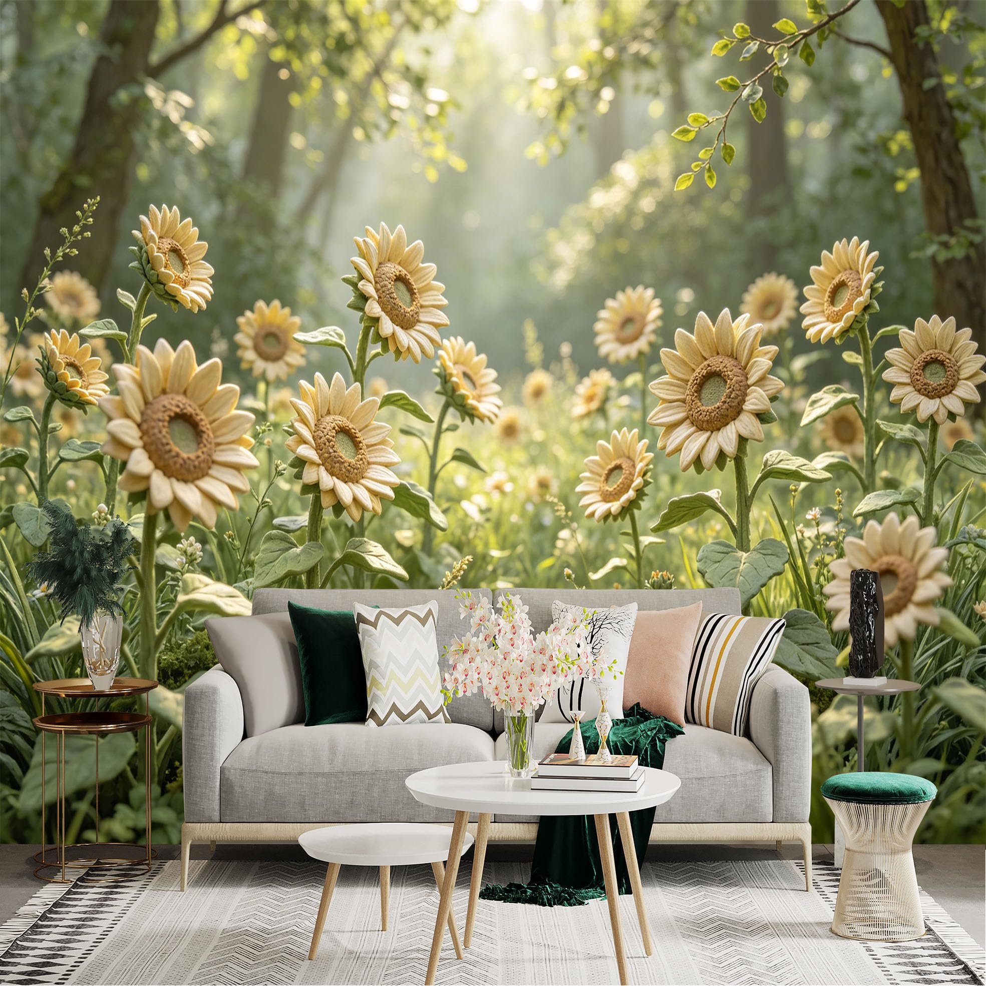Lnzczhyre Dbh260521783 Custom Size Wall Sticker Mural， Sunlit Sunflower Field， Blooming Yellow Flowers， Whimsical Forest Landscape， Soft Sunlight Glow， For Wall Decoration， Peelandstick Wall Decals.