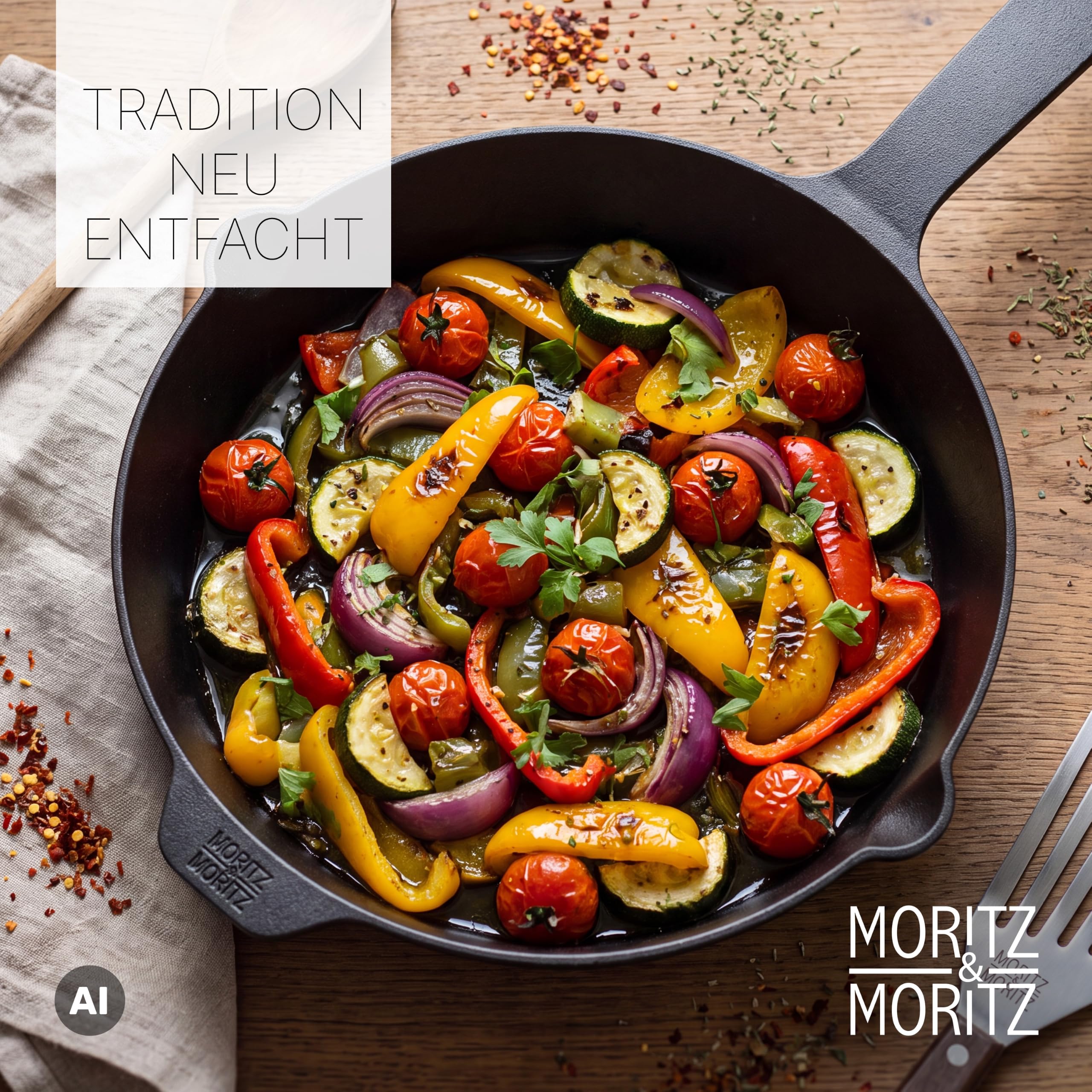 Moritz & Moritz Gusseisenpfanne Induktion 28 cm - Voreingebrannte Antihaft Pfanne Gusseisen Induktion für alle Herdarten, Ofen & Grill geeignet - Inkl. Pfannenwender