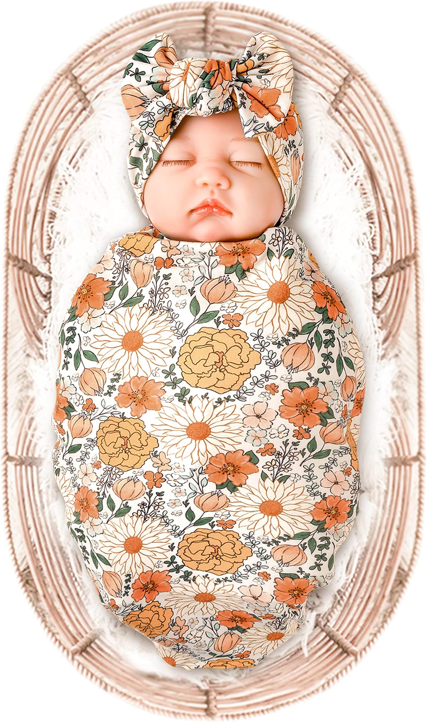 Konssy Baby Girl Newborn Receiving Blanket with Headband Set Baby Swaddle Nursery Swaddle Wrap