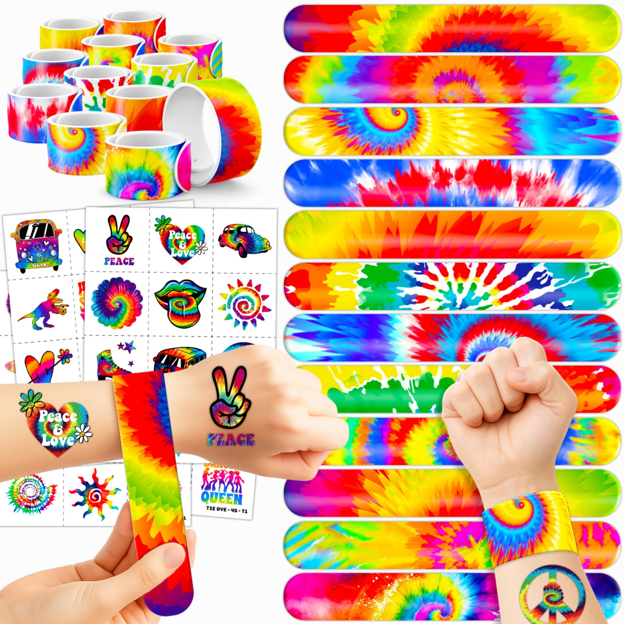 72PCS Tie Dye Party Favors - 48PCS Pre-cut Tattoos & 24PCS Slap Bracelets - Tie-Dye Birthday Supplies, Baby Shower Decorations, Classroom Prizes,
