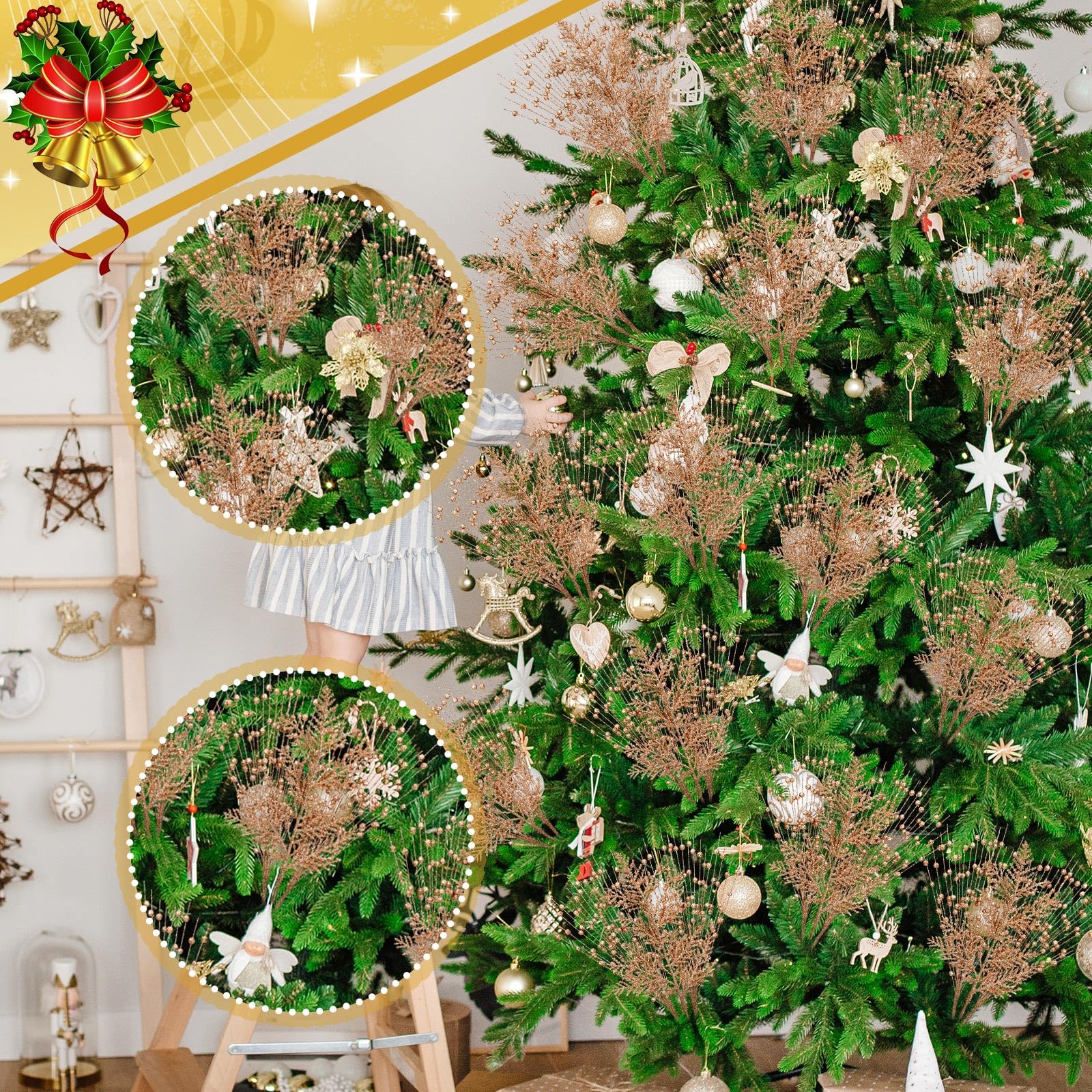 Daifunli Künstliche Tannennadeln mit Glitzer-Beeren, 43,2 cm, künstliche Stiele, Zweige, dekorative Perlenstäbe für Weihnachtsbaum, DIY, Kranz, Basteln, Vasenfüller, 50 Stück