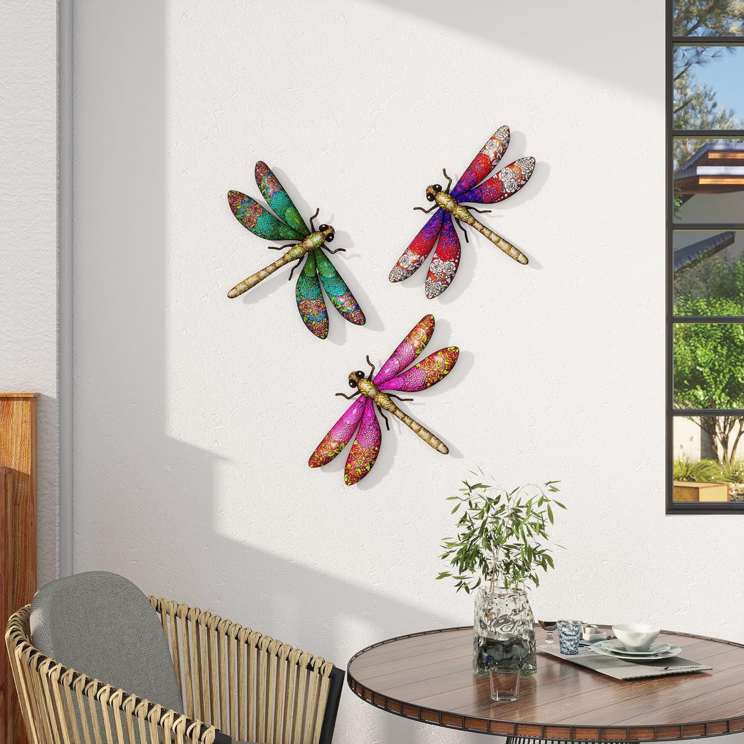 3pcs Metal Dragonfly Garden Art Decorations, Outdoor Hanging Wall Decor Sculptures for Home Garden Yard Patio Window