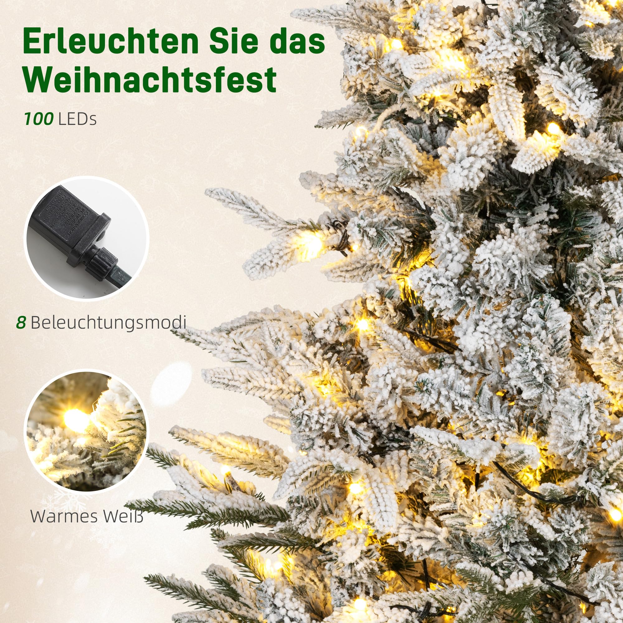 HOMCOM Weihnachtsbaum Künstlich 120 cm mit Schnee LED Leuchte Grün+Weiß