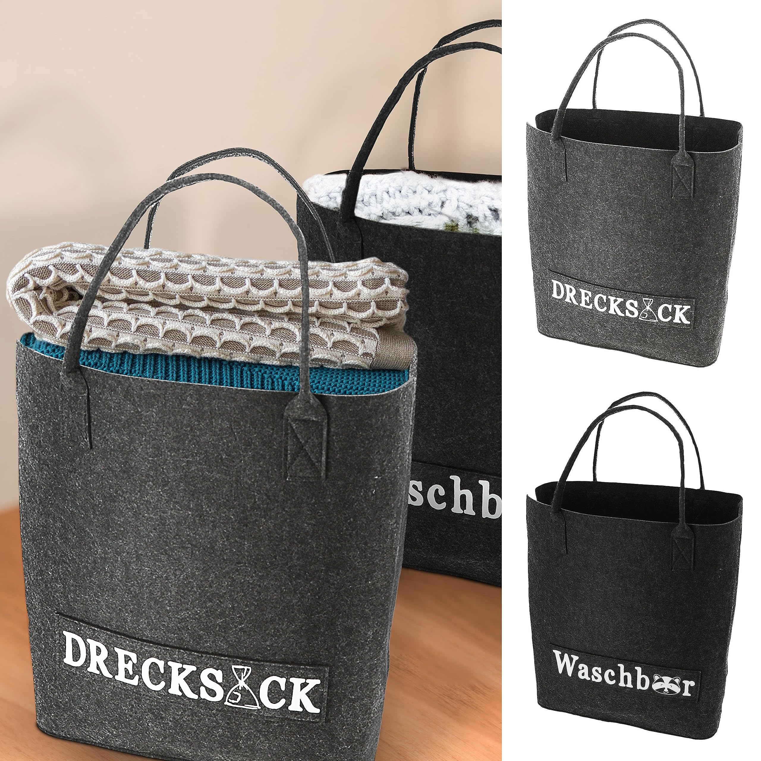 Wäschetasche 2er Set mit Aufdruck | grau anthrazit 100% Polyester Filz 40x45x25cm