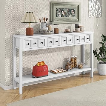 Knocbel 60in Entry Console Table with 4 Drawers and Bottom Open Shelf, Entryway Hallway Foyer Sofa Table, 220lbs Weight Capacity Antique White