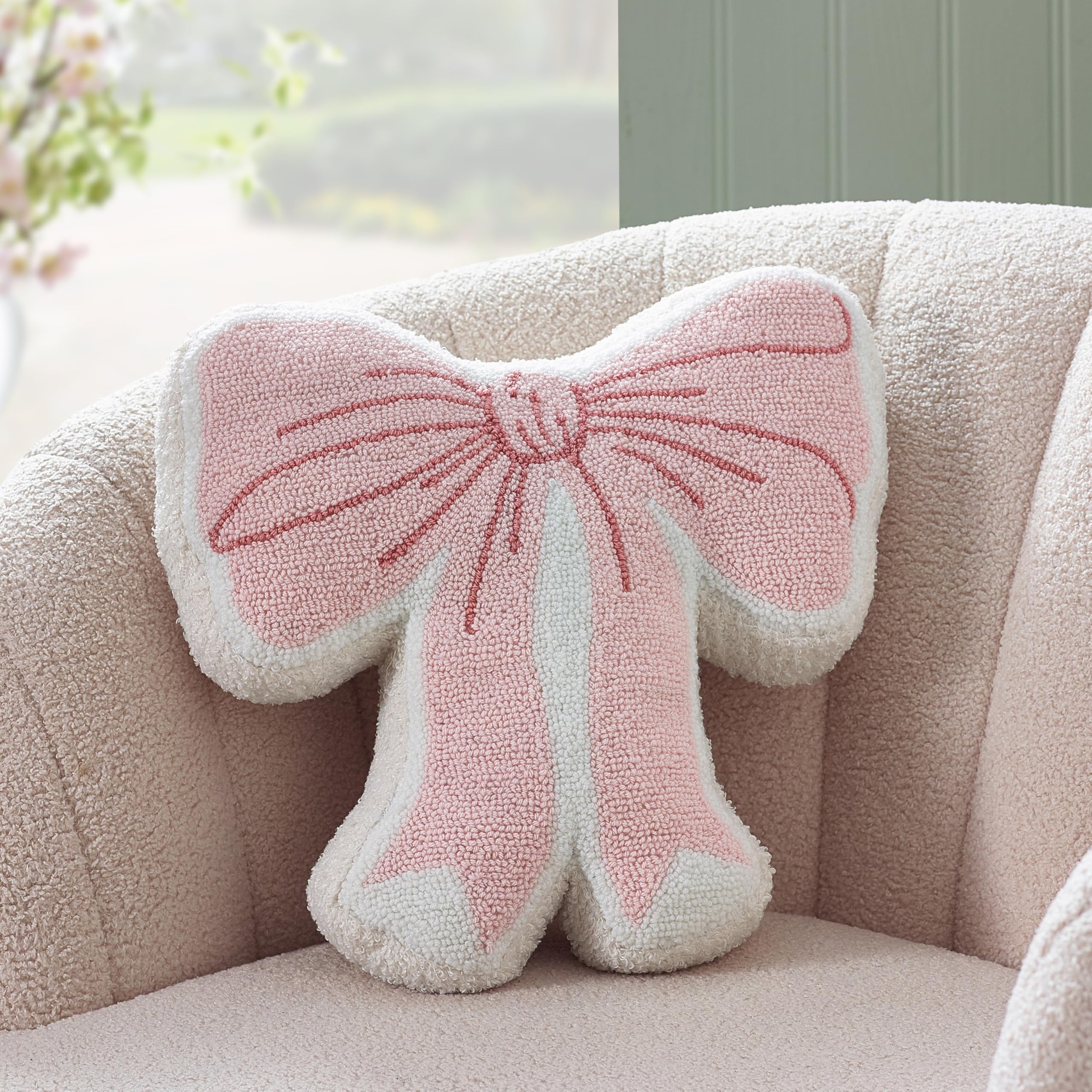Catherine Lansfield Bow Boucle 3D Shaped Cushion Pink
