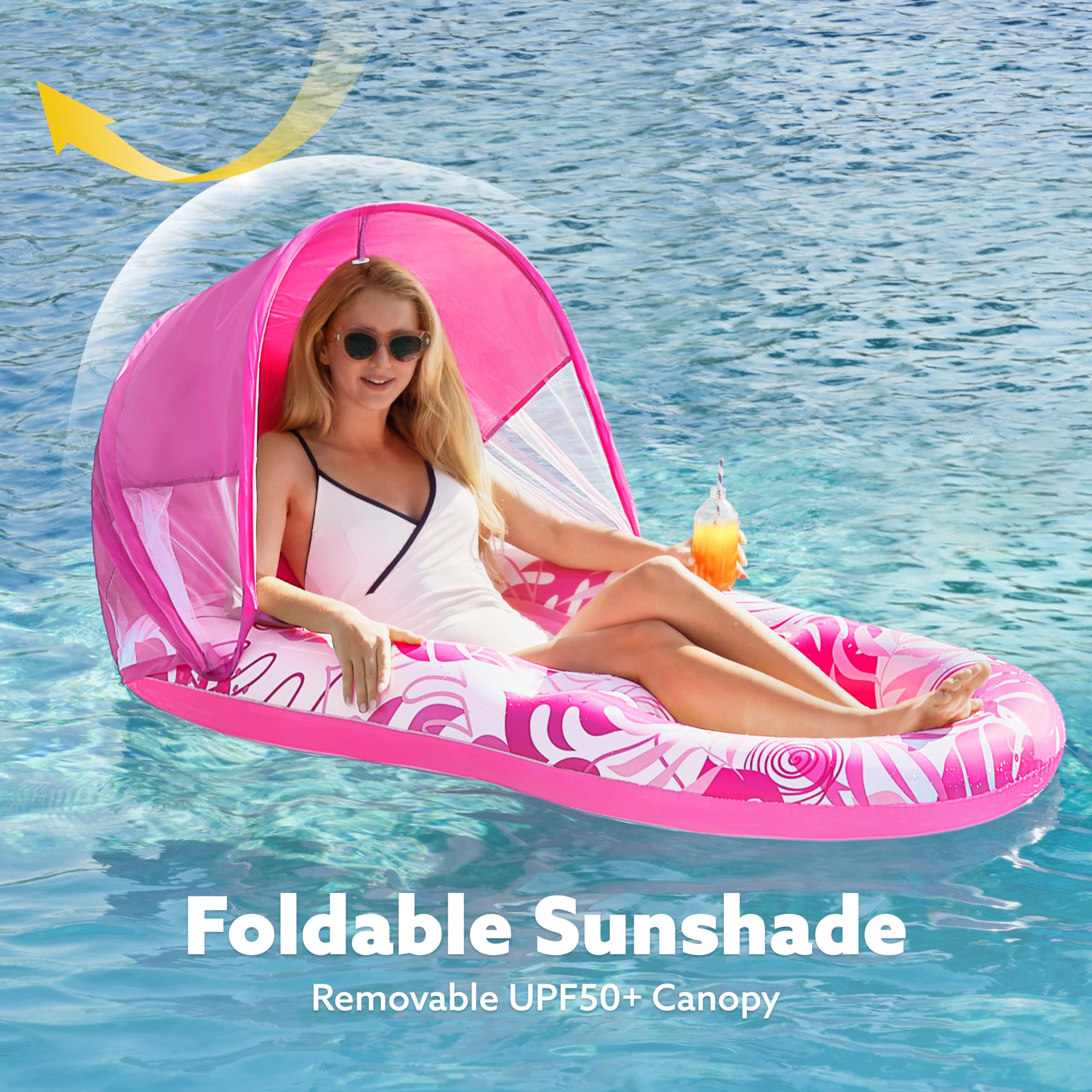 SLOOSH Inflatable Pool Floats Lounger Adult, Pool Lounger with Canopy Pool Raft Water Floating Recliner Chair with Cup Holders, Pink - Image 2
