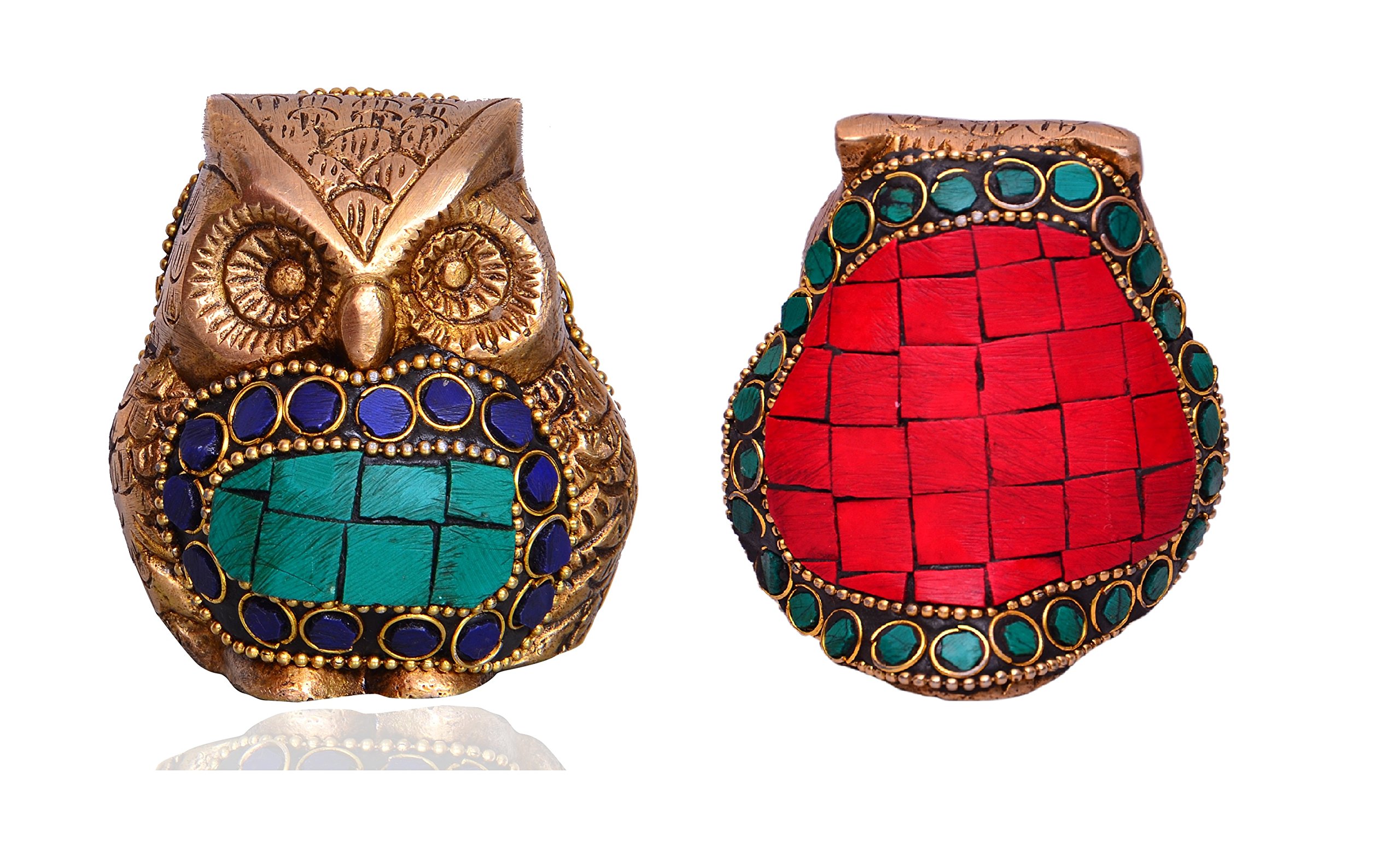 Purpledip Gold Brass Statue 'Mighty Owl': Decorative Showpiece With Beads And Colourful Gemstones (10530)