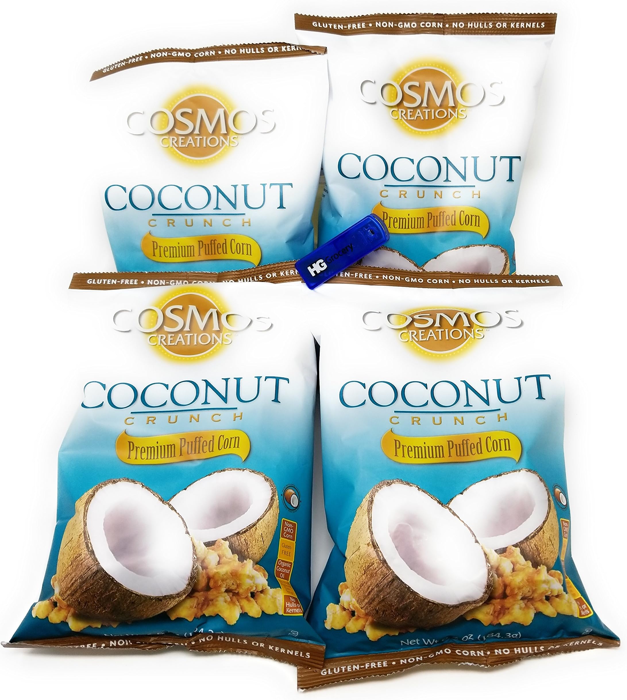 Cosmos Creations Premium Puffed Corn 4 Pack, Gluten Free, Non GMO, Bonus One HG Grocery Bag Clip (Colors Vary) (Coconut Crunch, 6.5 Ounce)