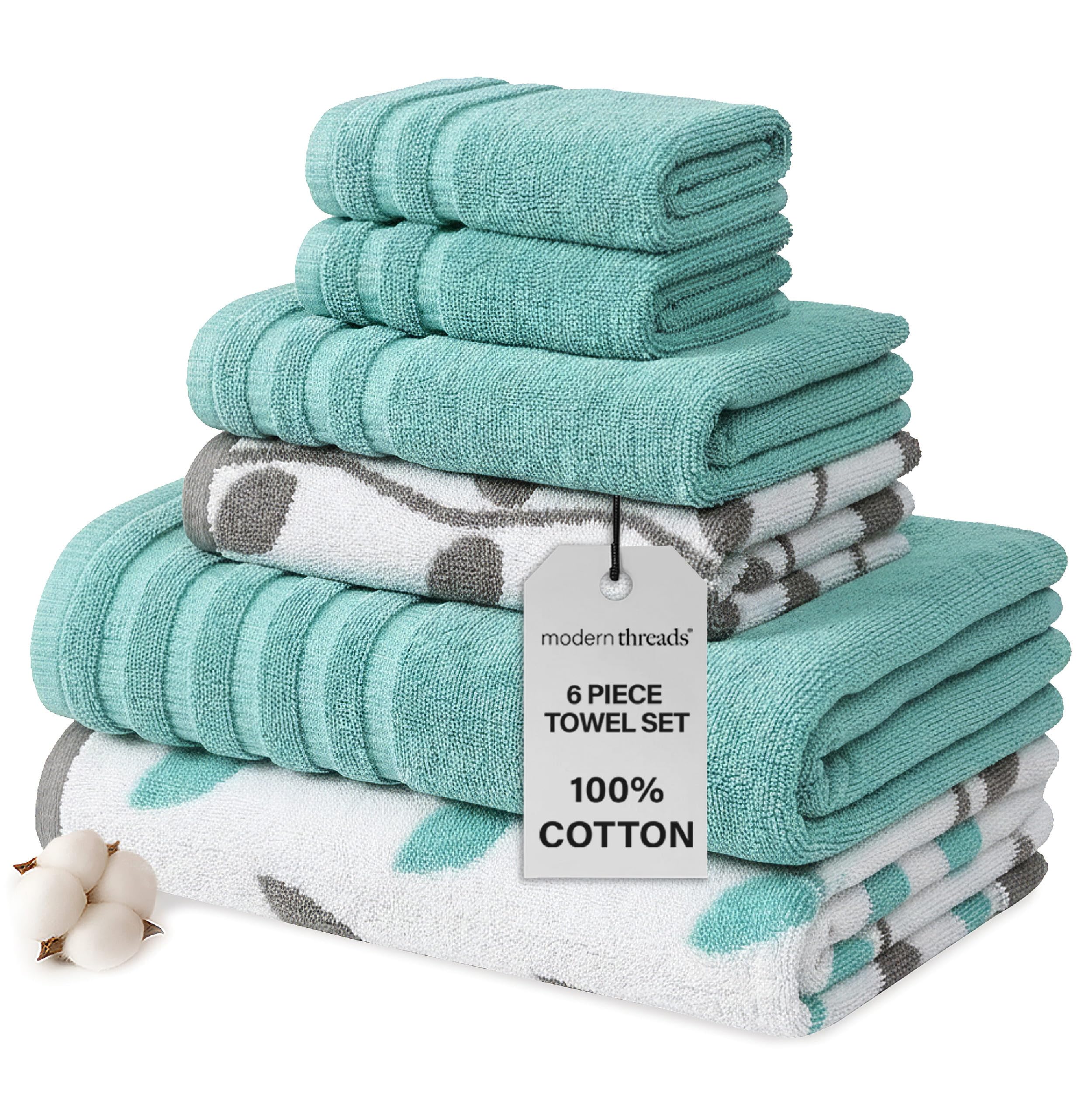 Modern Threads Natural Vine 6-Piece 100% Cotton Towel Set – Yarn Dyed Jacquard – Includes 2 Bath Towels, 2 Hand Towels, 2 Washcloths – Absorbent, Quick Dry, Soft & Durable – Aqua