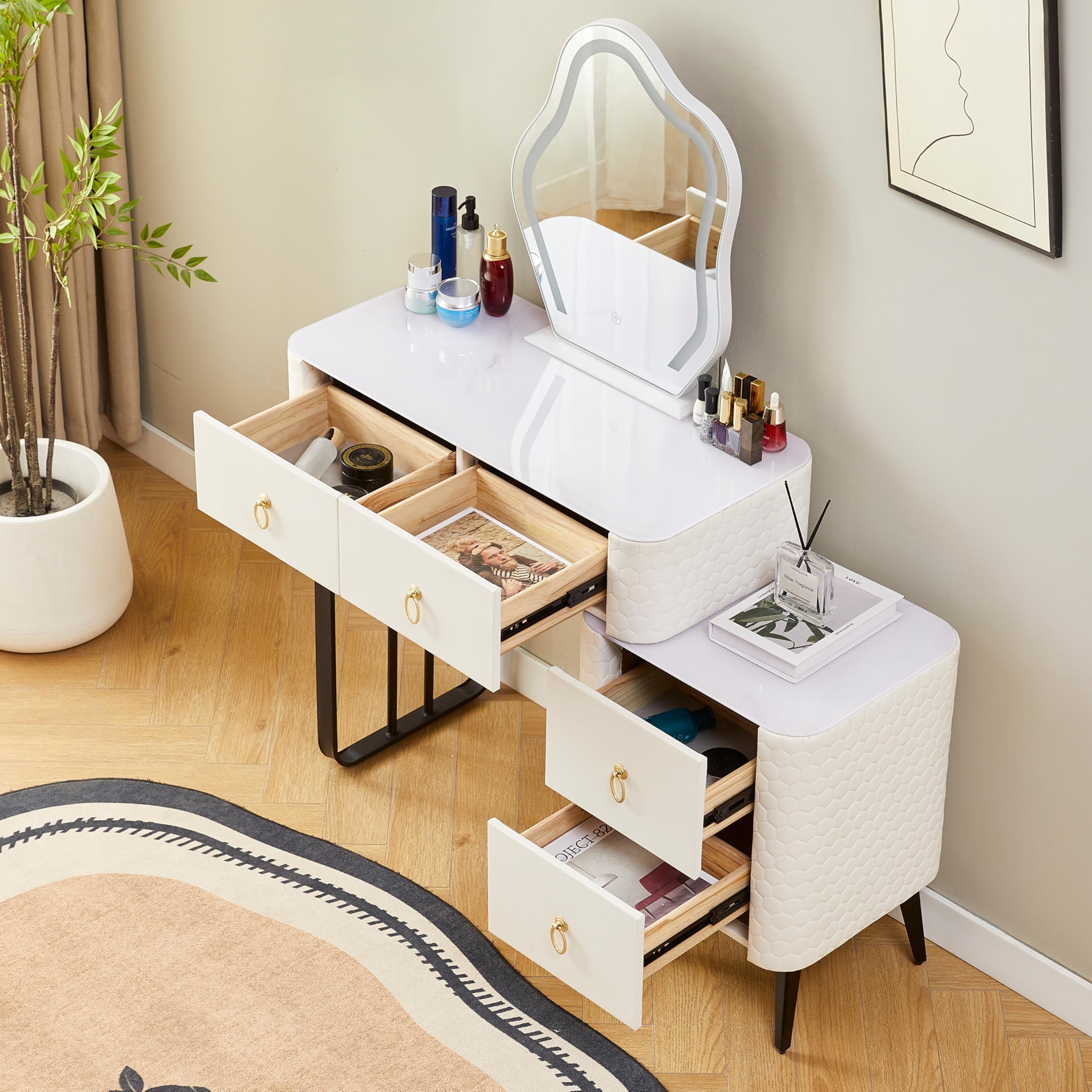 SHARPDO Coiffeuse avec Miroir LED, Caisson Aspect Simili Cuir & Plateau en Verre Trempé, Table de Maquillage avec 4 Tiroirs, Extensible 80 à 110 cm, Blanc, Compacte pour Chambre